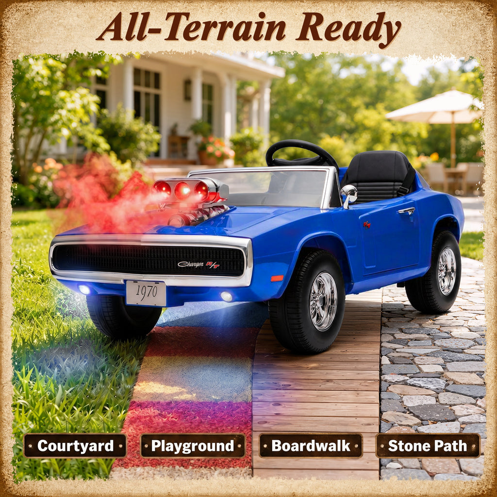 24V Ride On Car for Kids, Licensed Dodge 1970 Charger R/T Electric Car w/Parent Remote Control, Engine Spray, LED Lights, Bluetooth, MP3, 4-Wheel Spring Suspension, Ride On Toys for Ages 3+