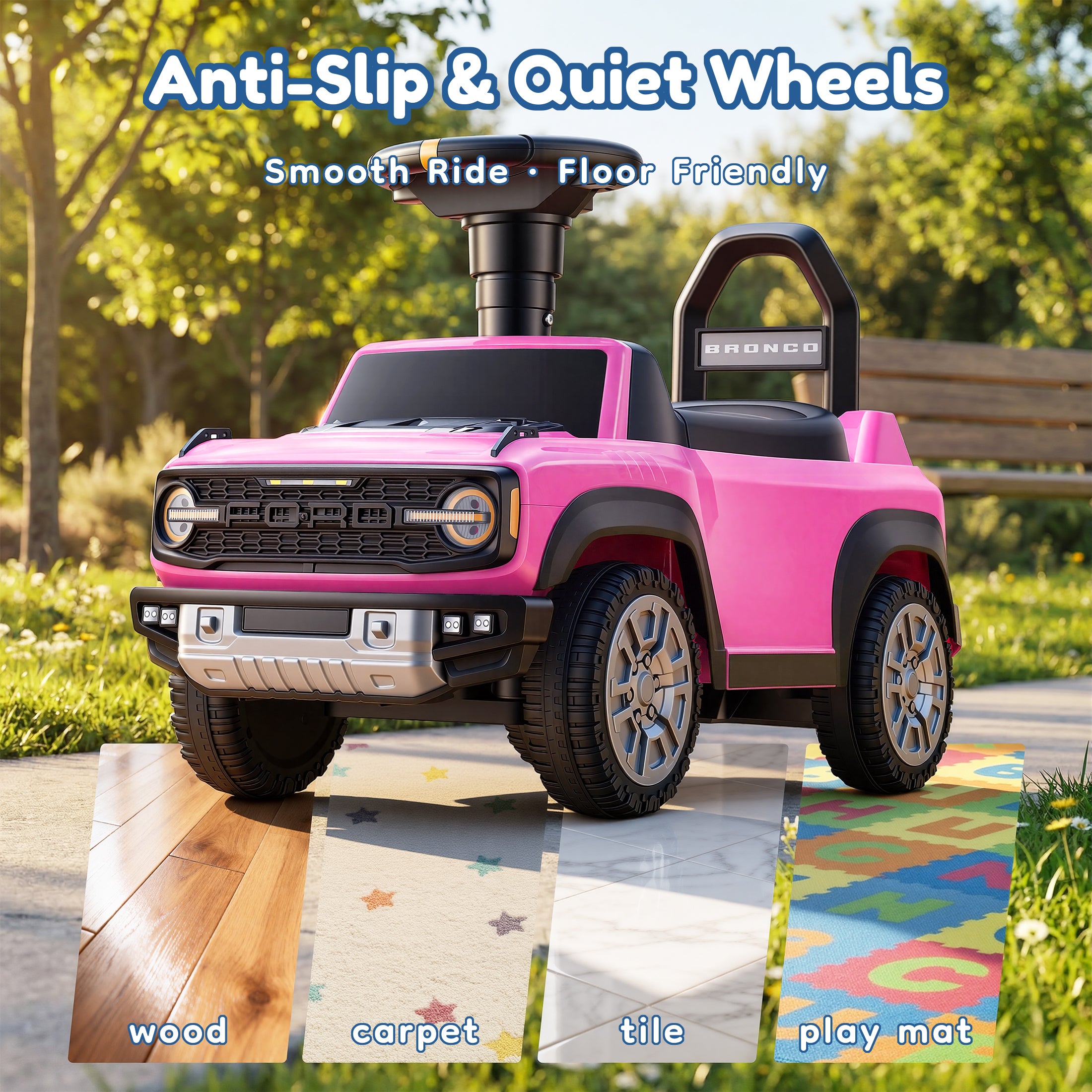 Ride On Car for Toddlers 1–3, Ford Bronco Ride On Toy with Steering Wheel, Music, Horn & Engine Sounds, Under Seat Storage, Silent Wheels, Easy Walker & Push Car for Boys & Girls, Pink