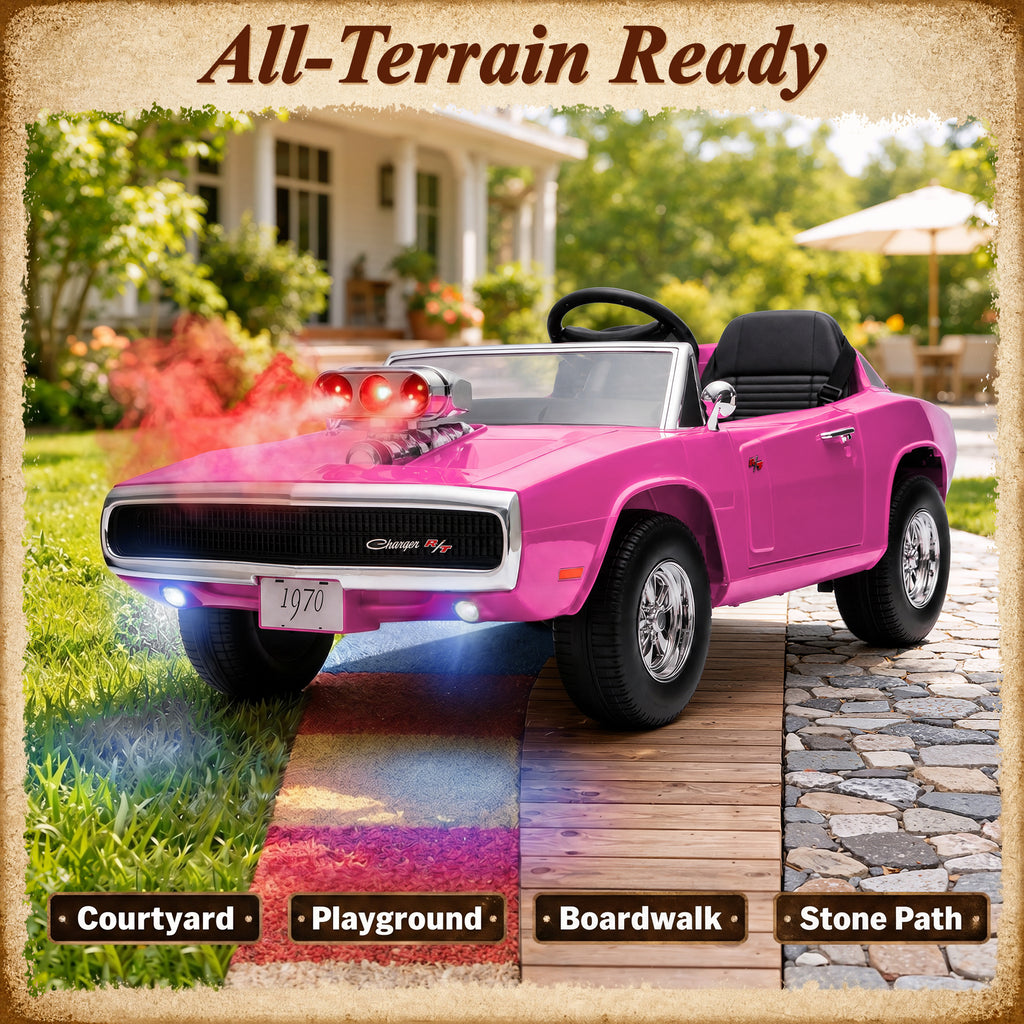 24V Ride On Car for Kids, Licensed Dodge 1970 Charger R/T Electric Car w/Parent Remote Control, Engine Spray, LED Lights, Bluetooth, MP3, 4-Wheel Spring Suspension, Ride On Toys for Ages 3+
