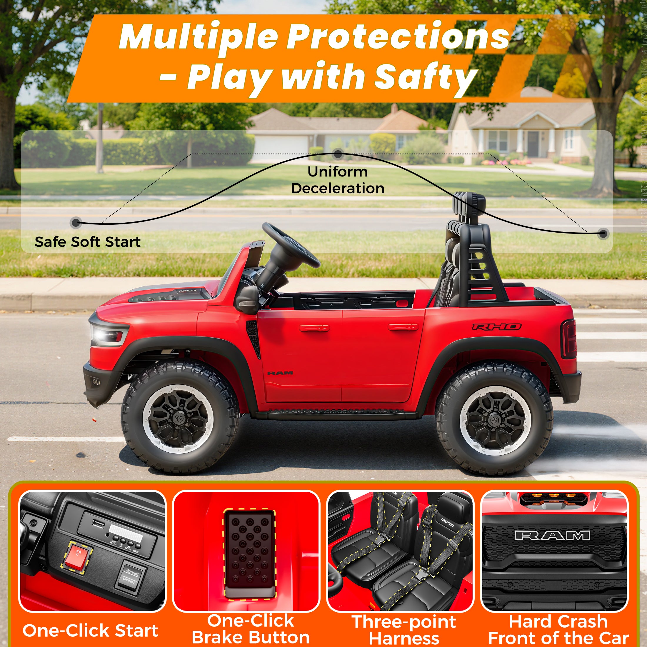 24V 2 Seats Ride On Car for Kids, Licensed RAM RHO 1500 Powered Electric Car with 4 Wheels Spring Suspesion, Ride On Toy for 3-8 Year Boys & Girls with Remote Control, Horm, Siren, LED Lights