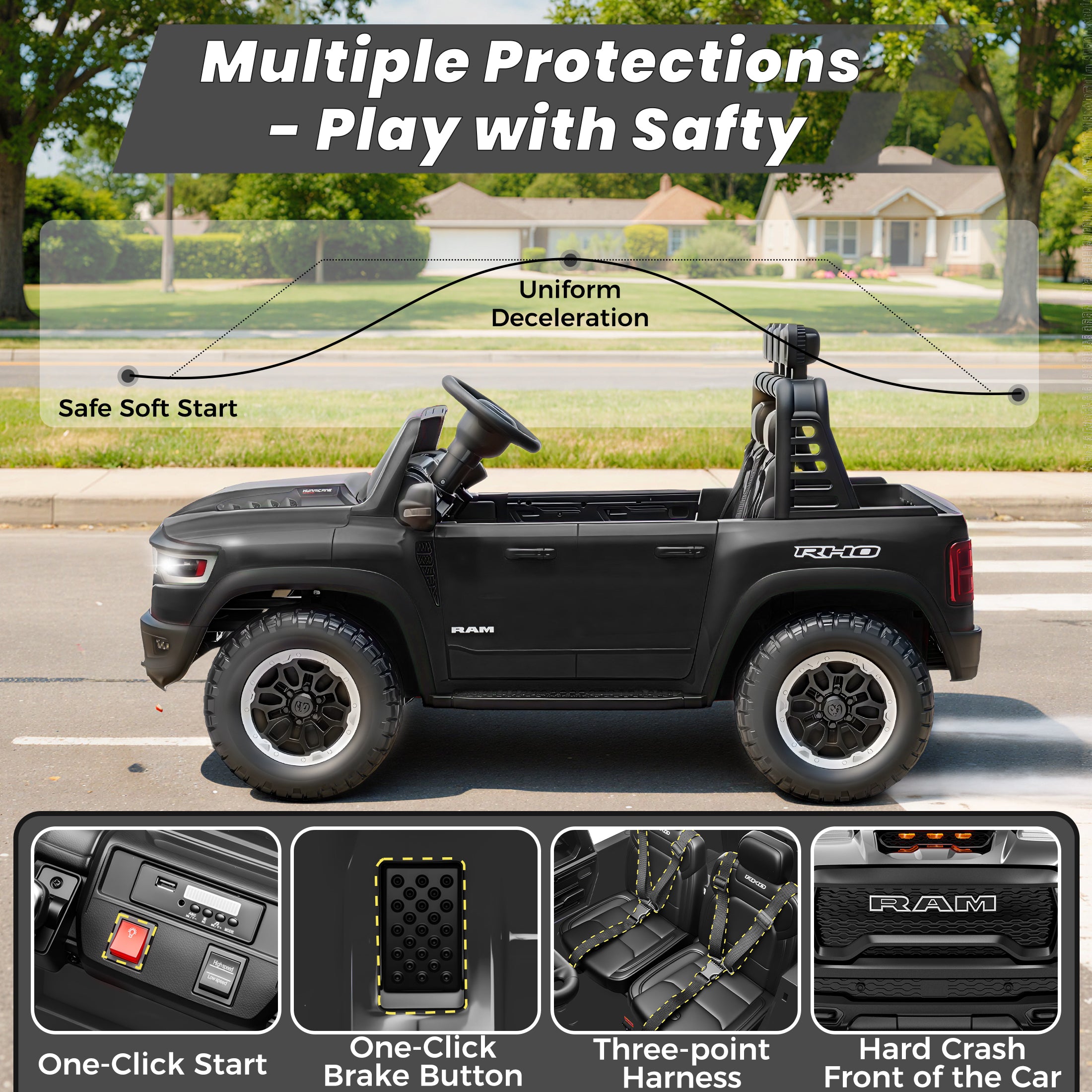 24V 2 Seats Ride On Car for Kids, Licensed RAM RHO 1500 Powered Electric Car with 4 Wheels Spring Suspesion, Ride On Toy for 3-8 Year Boys & Girls with Remote Control, Horm, Siren, LED Lights