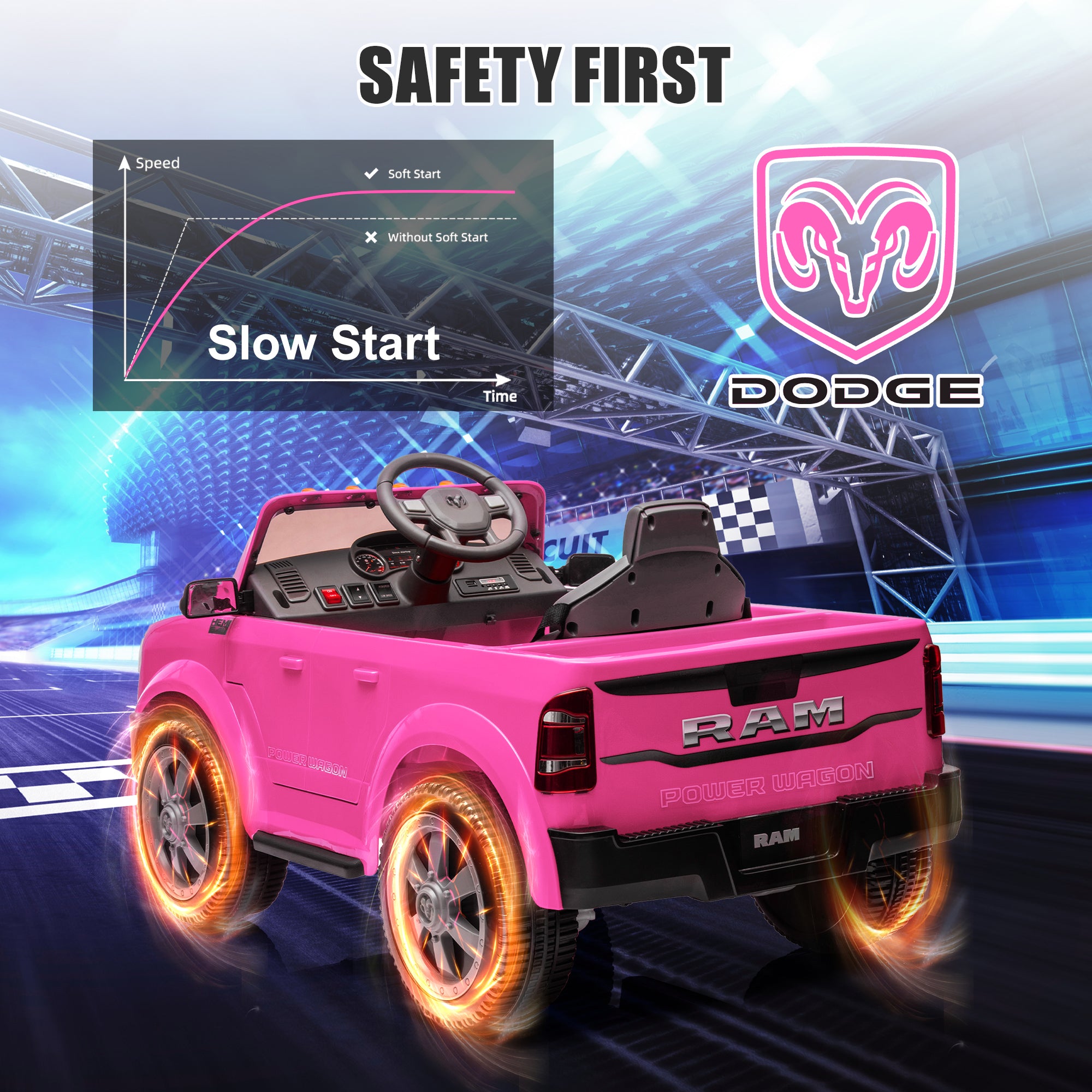Dodge RAM Ride on Car, 12V Powered Ride on Toy with Remote Control, Rear Wheel Suspension, 5 Point Safety Belt, MP3 Player, Bluetooth, LED Lights, Electric Vehicles for 3-8 Years Boys Girls, Black