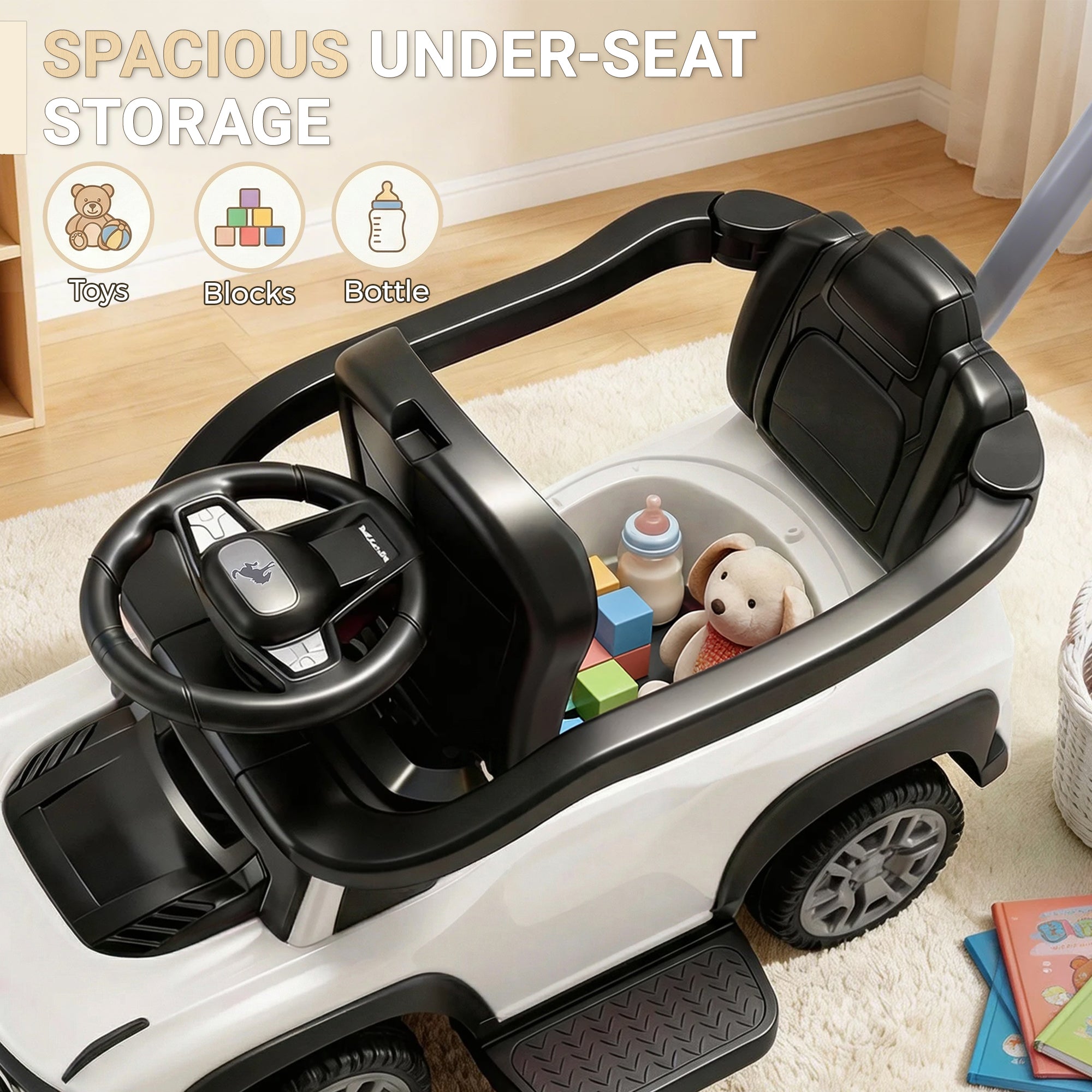 Ford Bronco 3 in 1 Push Car with Canopy for Toddlers 1–3, Ride On Push Car Toy with Adjustable Parent Steering Handle, Removable Guardrail & Footrest, Music, Horn, Under Seat Storage, Silent Wheels