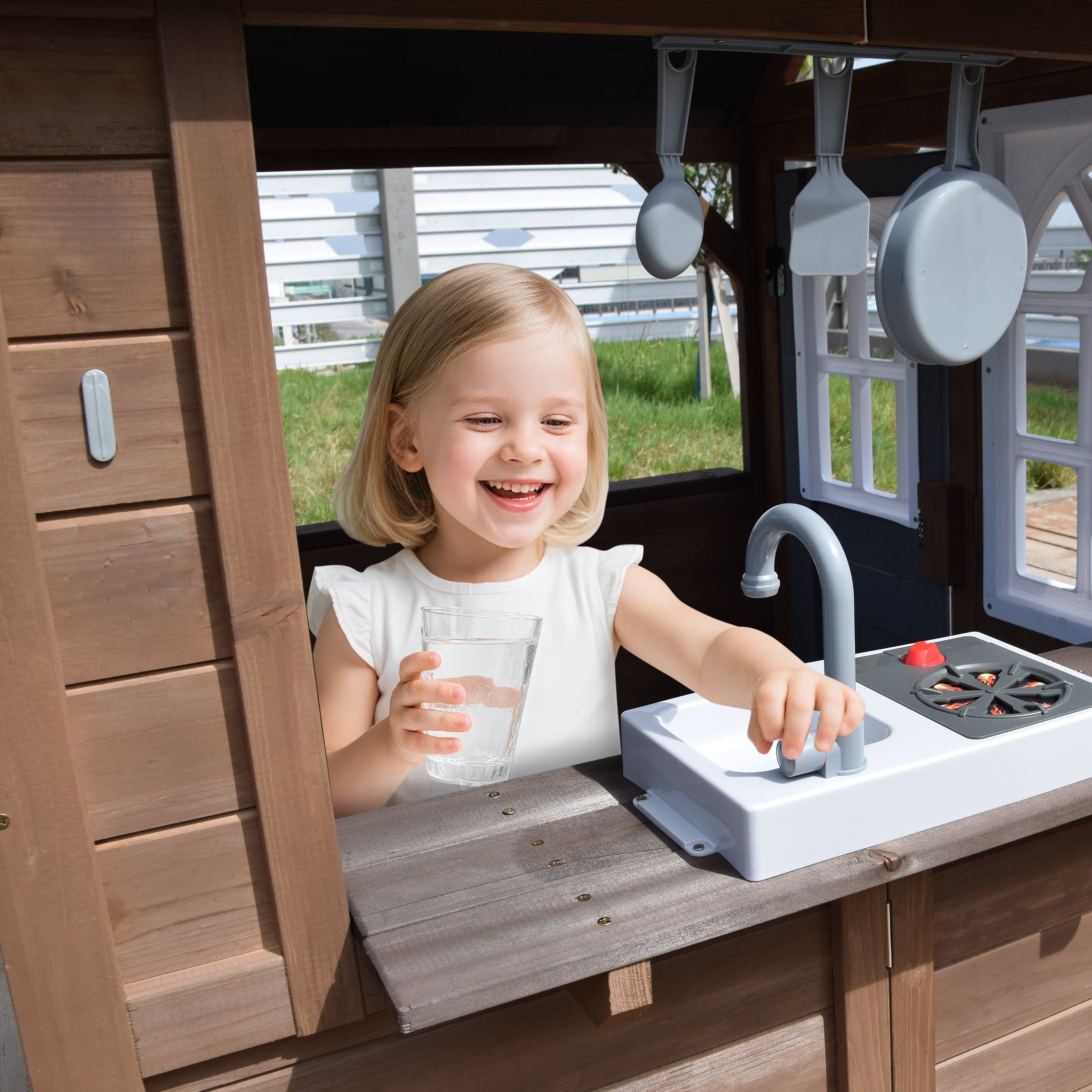 COCLUB Outdoor Playhouse, Wooden Playhouse for Kids Toddlers Outdoor with Bench/Fence/Kitchen/Door Nameplate/Pretend Phone, Girls Boys Outdoor Toy Gift for Ages 3+, 62.99"(W)* 67.32"(L) * 65.35"(H)