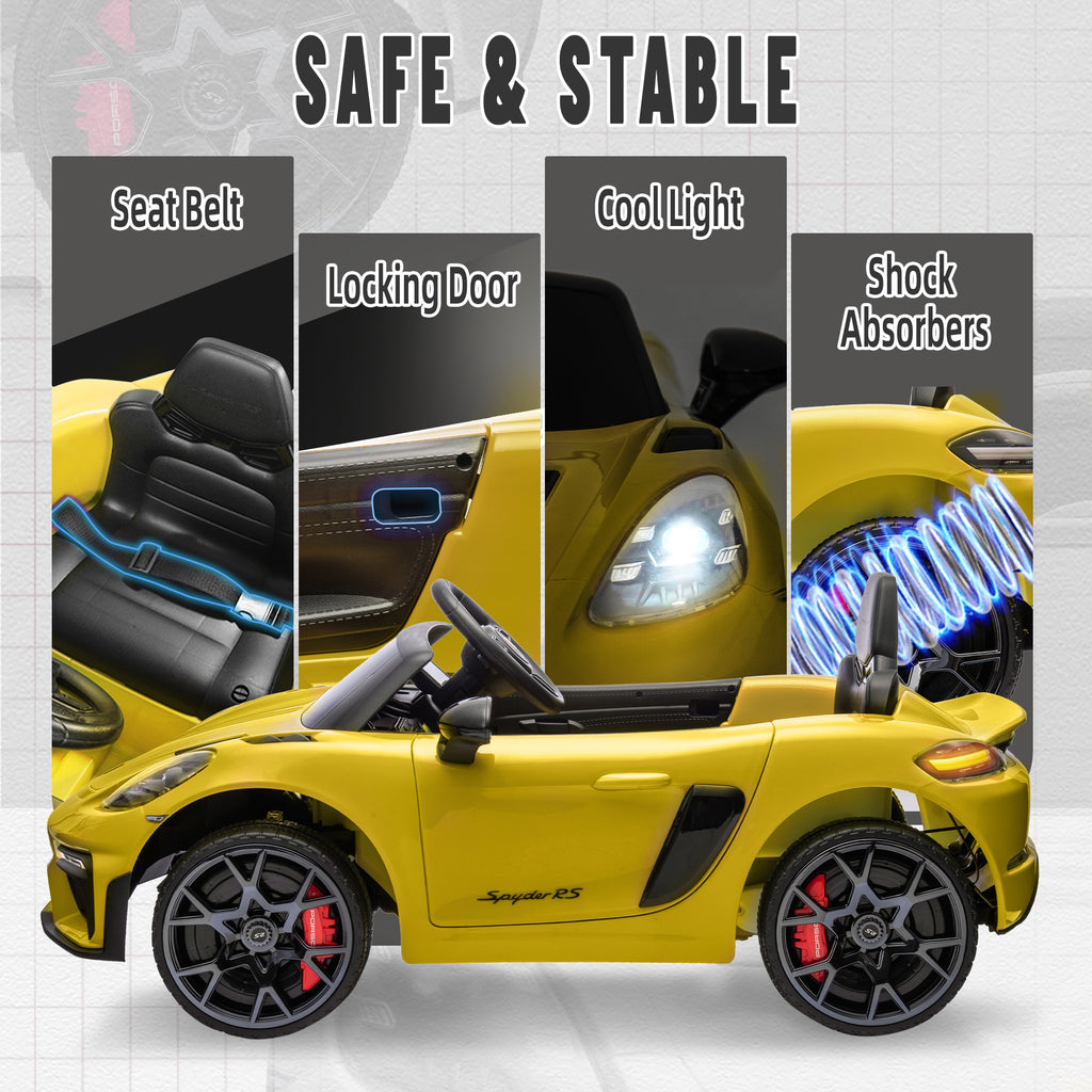 Porsche 718 Kids Ride On Toy, Electric Car for Toddlers with Remote Control, 4 Wheel Suspension, Bluetooth, Music, LED, Safety Belts, Kids Sports Ride on Car for Toddler 3-6 Yrs Boys Girls Gifts
