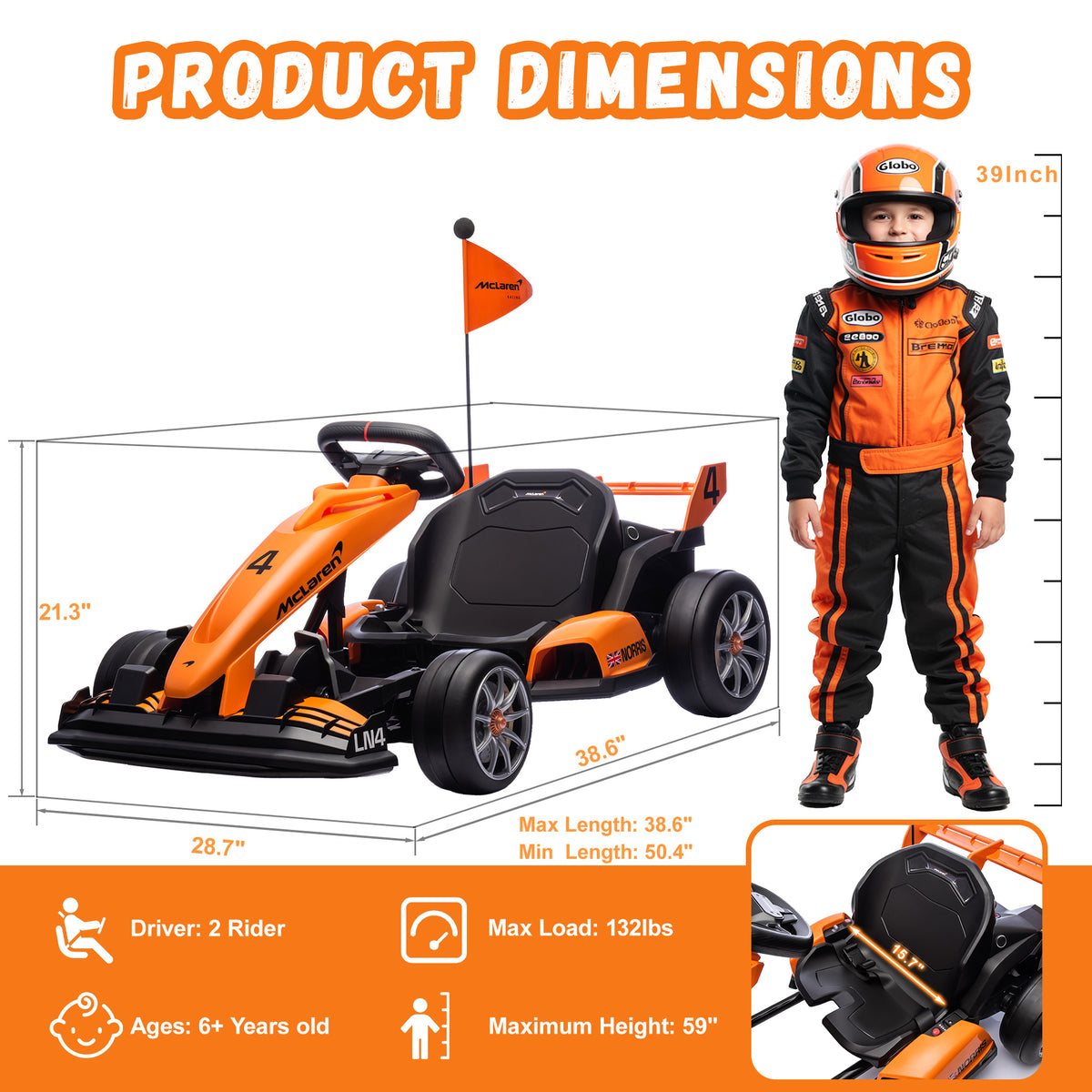 McLaren 24V Ride On Go Kart for Kids, Drifting Ride On with LED Lights, Foldable Design, Ride On Toy for Age 6+ Kids