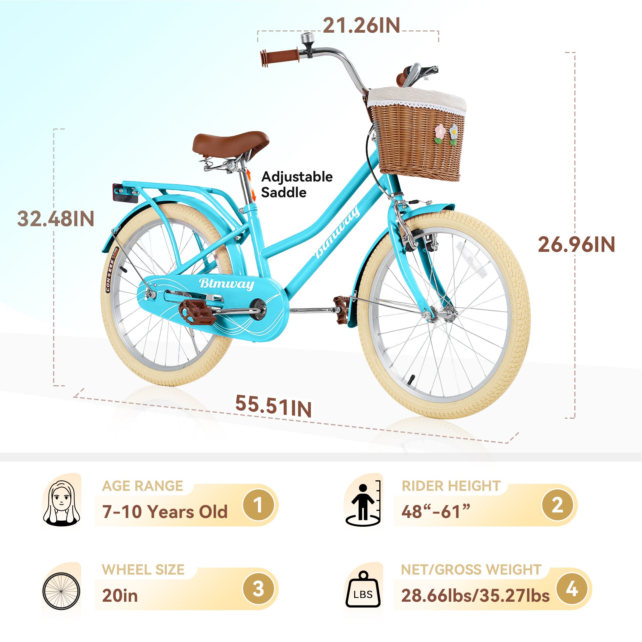 Kids Bike for Girls Ages 7-10 Years - 20" Children's Bicycle, leather Seat & Handlebars, Basket, Front Hand Brakes, Rear Coaster Brake & Safety Bell, Purple