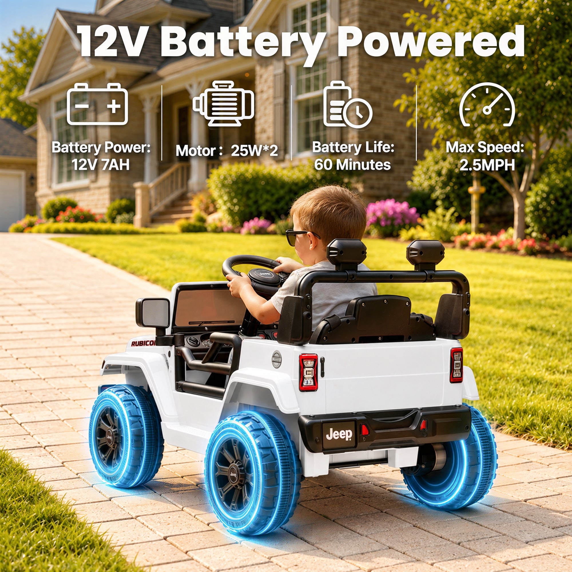 Jeep 12V Ride on Car with Remote Control/Bluetooth, Jeep Wrangler Rubicon Battery Powered Ride on Truck Toy w/Dual Wheel Suspension, Electric Car for Kids Toddler