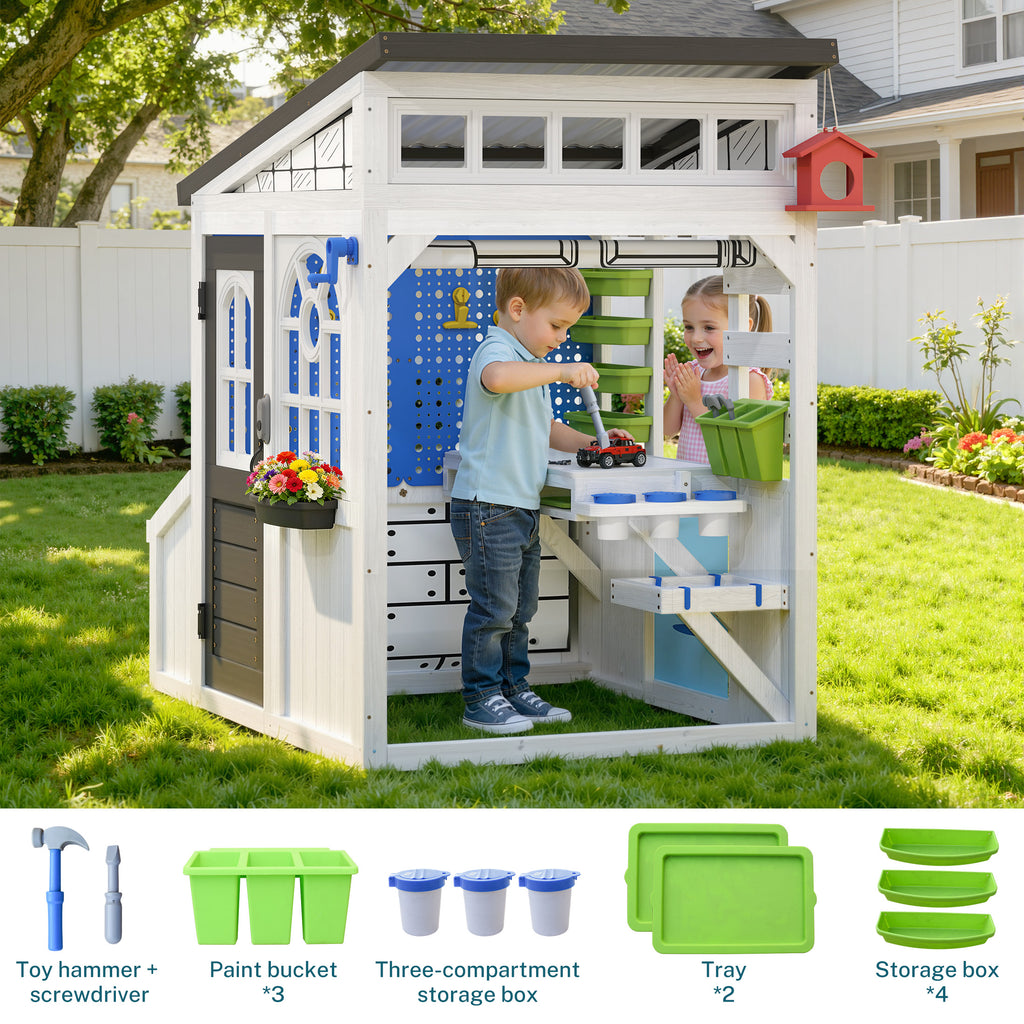 COCLUB Storage Shed Outdoor Wooden Playhouse with Workbench/ Pegboard& Ball Track, Kids Todder Ages 3+