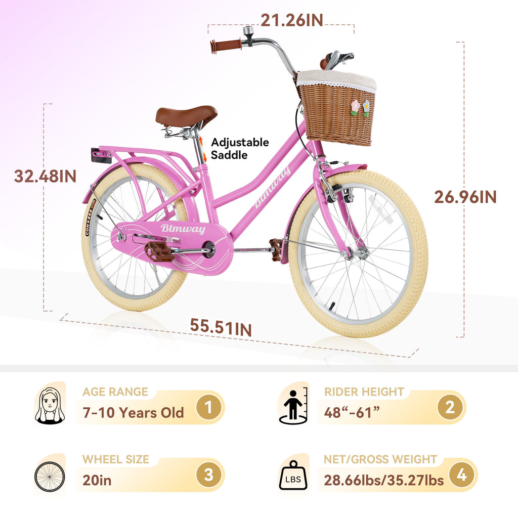 Kids Bike for Girls Ages 7-10 Years - 20" Children's Bicycle, leather Seat & Handlebars, Basket, Front Hand Brakes, Rear Coaster Brake & Safety Bell, Purple