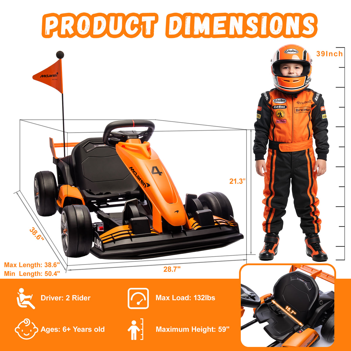 36V Electric Go Kart for Kids, Licensed McLaren Ride On Toys for Big Kids w/ 3 Level Adjustable Seat, 2 Speeds, Battery Powered Drift Racing Go Kart w/ Rear Wheels for Age 6+ Boys Girls