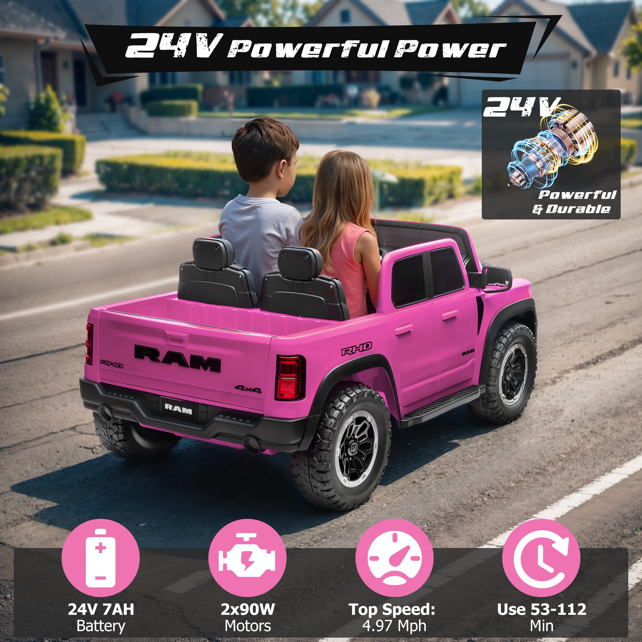 COCLUB RAM 24V Ride on Cars for Tow Kids, RAM 1500 RHO 2 Seat Battery Powered Ride on Toys with Remote Control, 4 Wheels Suspension Trunk, LED Light, MP3 Player, Electric Car for Kids Boy Girl Gift（副本）