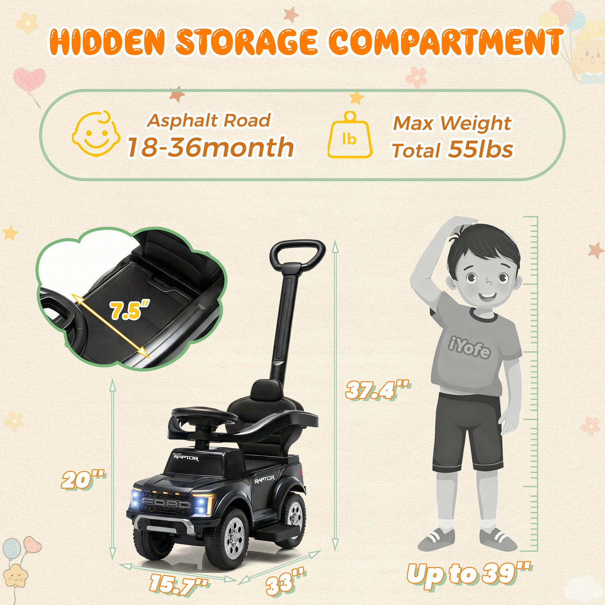 3 In 1 Push Car for Toddlers, Licensed Ford F-150 Ride On Push Car with Removable Parents Handle, Guardrails, Horn, LED Light, Kids Ride On Toy for Ages 18-36 Months, Black