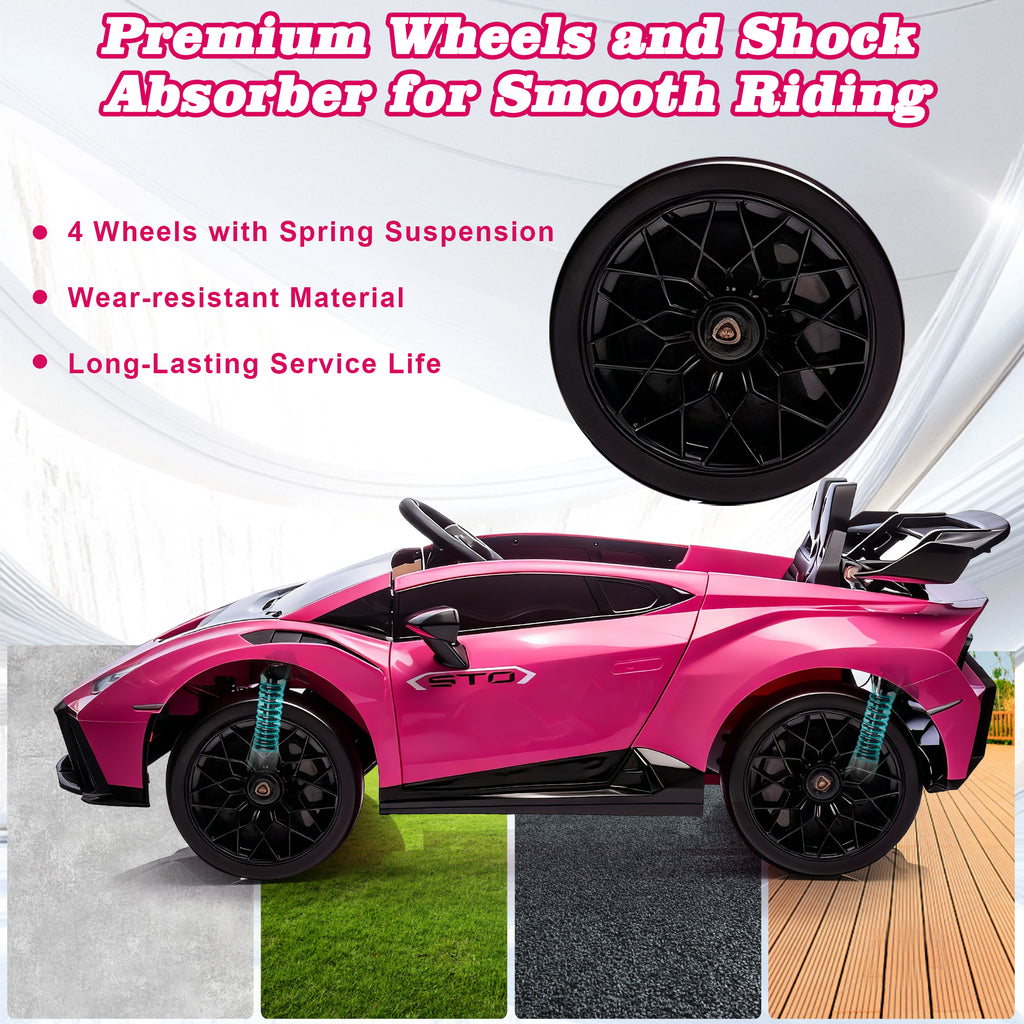 Lamborghini 24V Kids Electric Car, Licensed Huracan Sto Battery Powered Ride On Car with 4 Wheels Spring Suspension for Age 3-8, Remote Control Ride On Toys Speeds 1.86-5.59 MPH, LED Lights