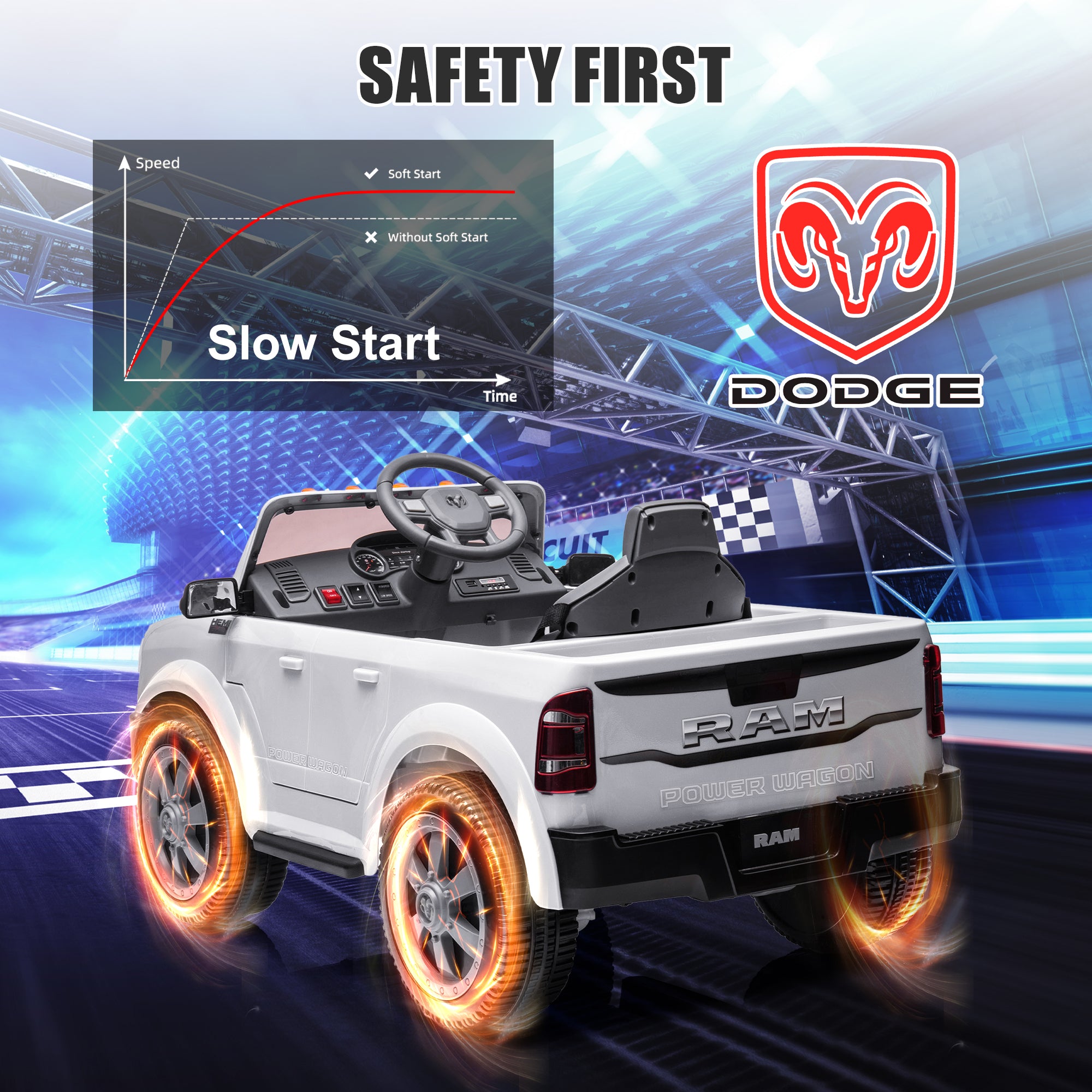 Dodge RAM Ride on Car, 12V Powered Ride on Toy with Remote Control, Rear Wheel Suspension, 5 Point Safety Belt, MP3 Player, Bluetooth, LED Lights, Electric Vehicles for 3-8 Years Boys Girls, Black