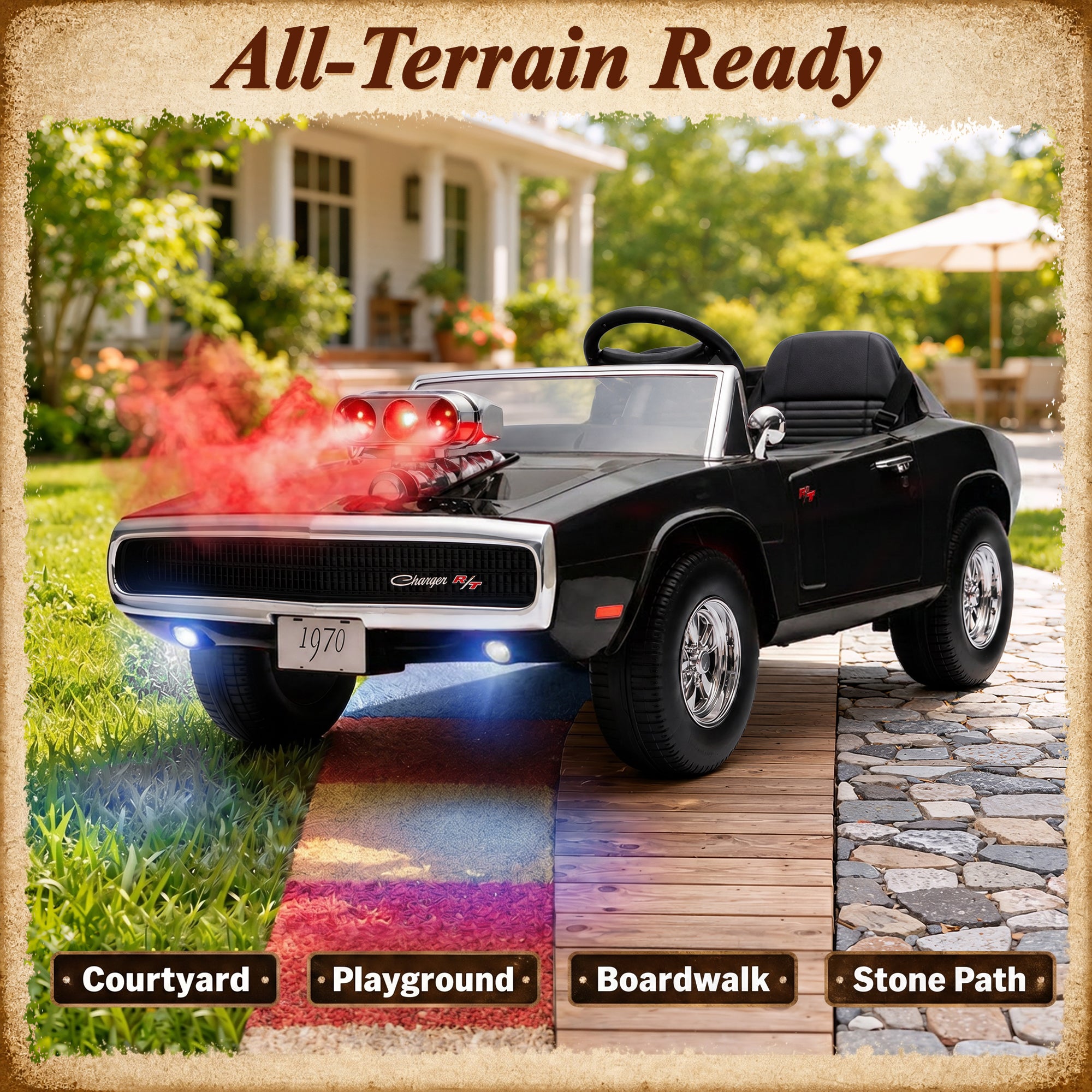 24V Ride On Car for Kids, Licensed Dodge 1970 Charger R/T Electric Car w/Parent Remote Control, Engine Spray, LED Lights, Bluetooth, MP3, 4-Wheel Spring Suspension, Ride On Toys for Ages 3+