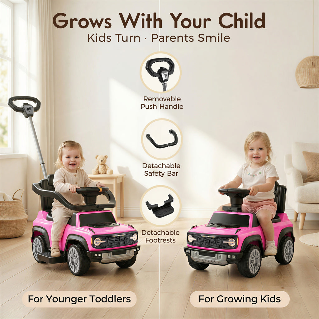 Ford Bronco 3 in 1 Push Car for Toddlers 1–3, Ride On Push Car with Parent Steering Handle, Steering Wheel, Removable Guardrail & Footrest, Music, Horn, Under Seat Storage, Silent Wheels, Pink