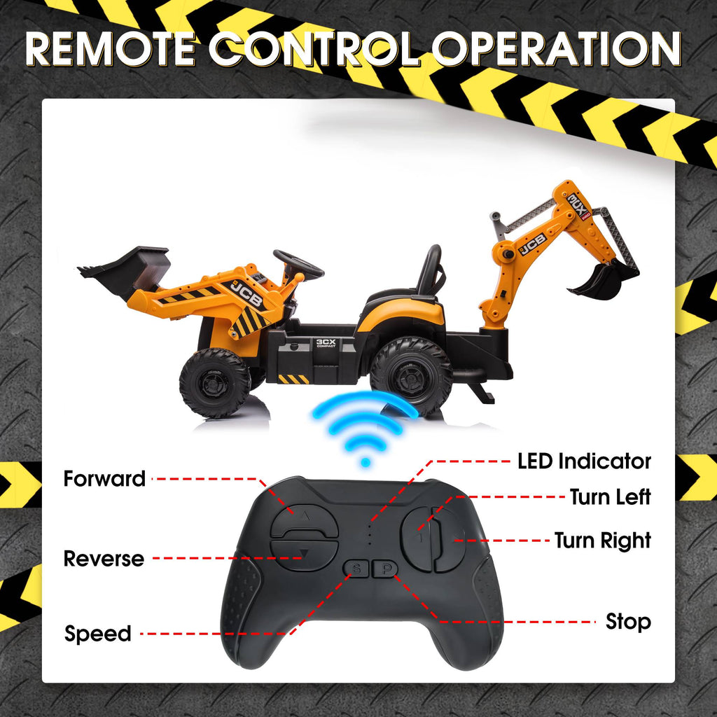 JCB 24V Ride On Excavator, 2 IN 1 Kids Electric Construction Ride on with Remote Control, Front Loader Bulldozer, Digger, Music, Ride on Toys for 3-6 Boys Girls, Yellow