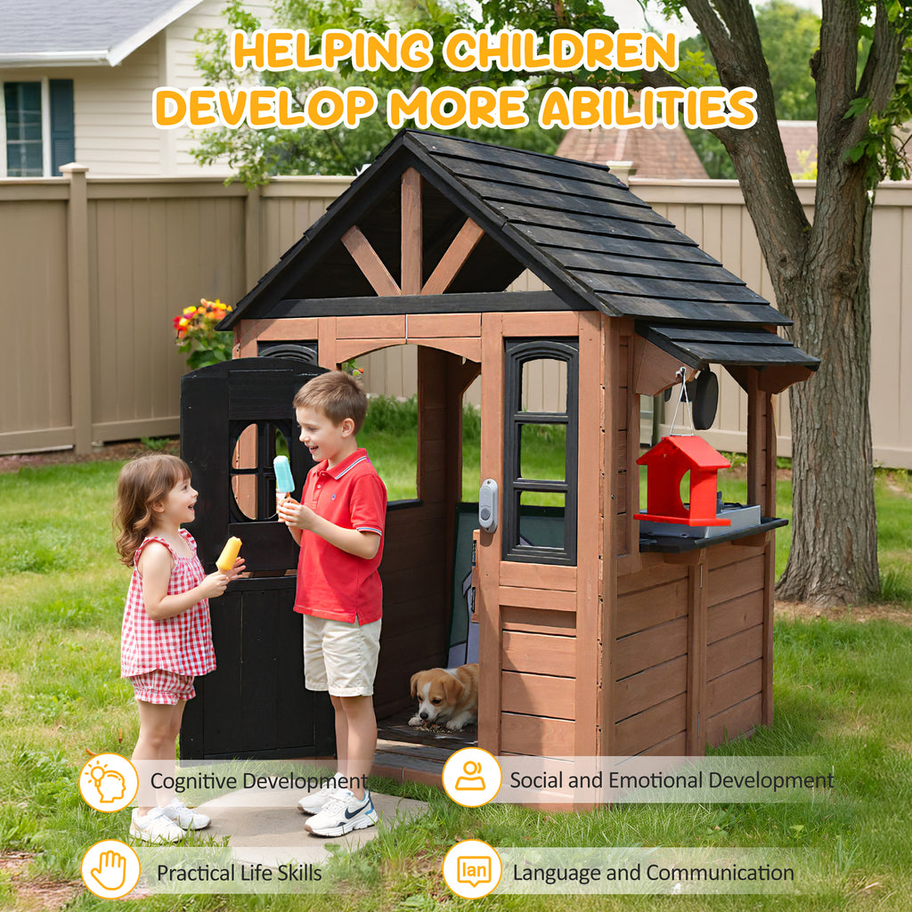 COCLUB Kids Outdoor Playhouse, Wooden Playhouse with Play Kitchen, Working Doorbell, Bird Cage, Pet Door, Backyard Casa de CampañA Para NiñOs Country Style