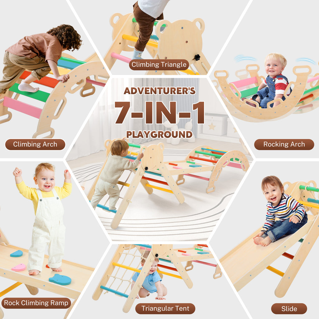 COCLUB Pikler Triangle Climbing Set, 7in1 Toddler Climbing Toys Indoor with Arch&Ramp&Ladder, Climbing Toys for Toddlers 1-3 Inside Gym - Rainbow