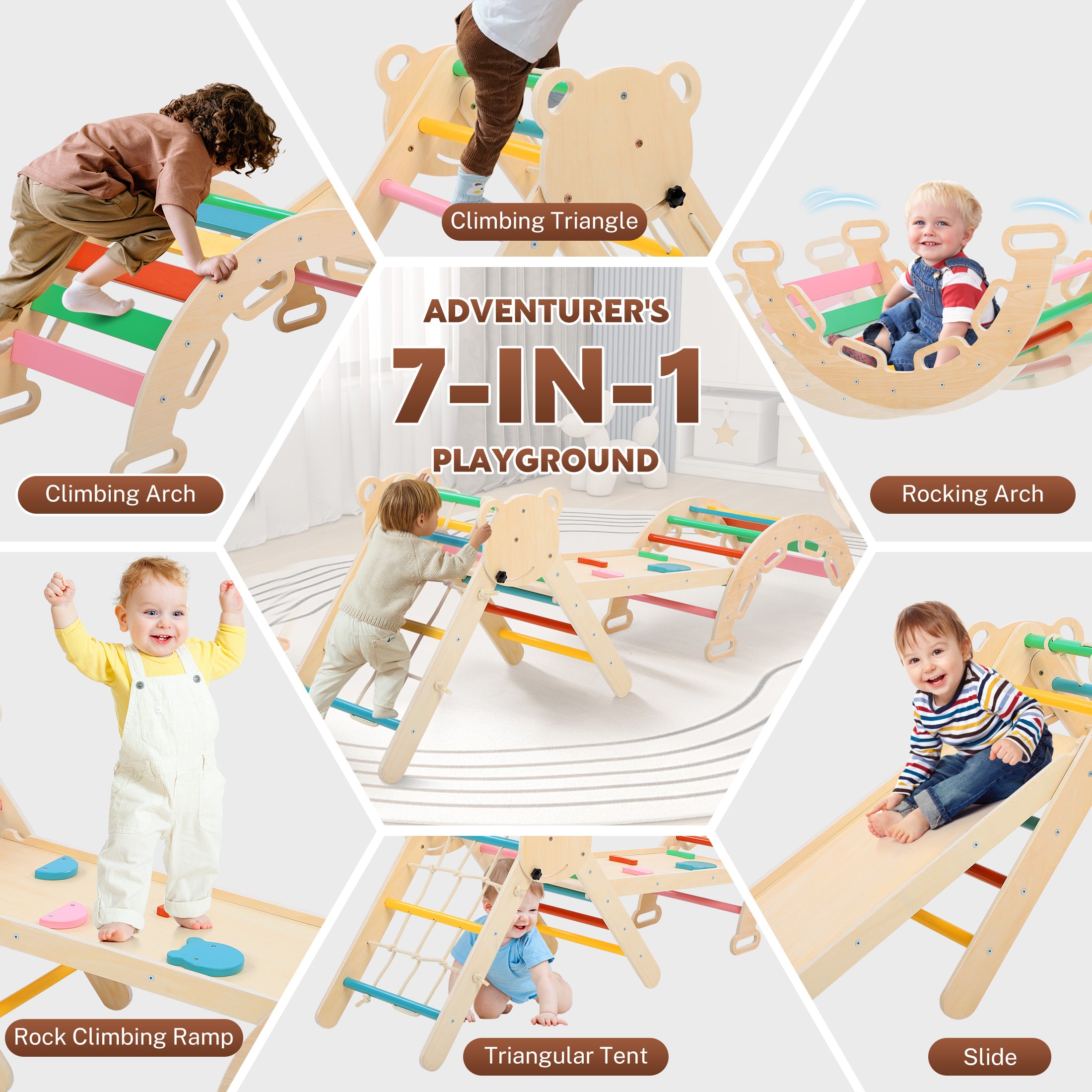 COCLUB Pikler Triangle Climbing Set, 7in1 Toddler Climbing Toys Indoor with Arch&Ramp&Ladder, Climbing Toys for Toddlers 1-3 Inside Gym - Rainbow