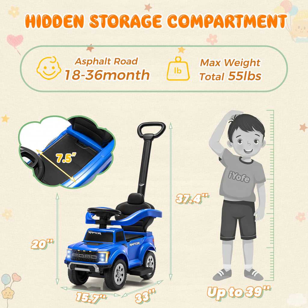 3 In 1 Push Car for Toddlers, Licensed Ford F-150 Ride On Push Car with Removable Parents Handle, Guardrails, Horn, LED Light, Kids Ride On Toy for Ages 18-36 Months, Black
