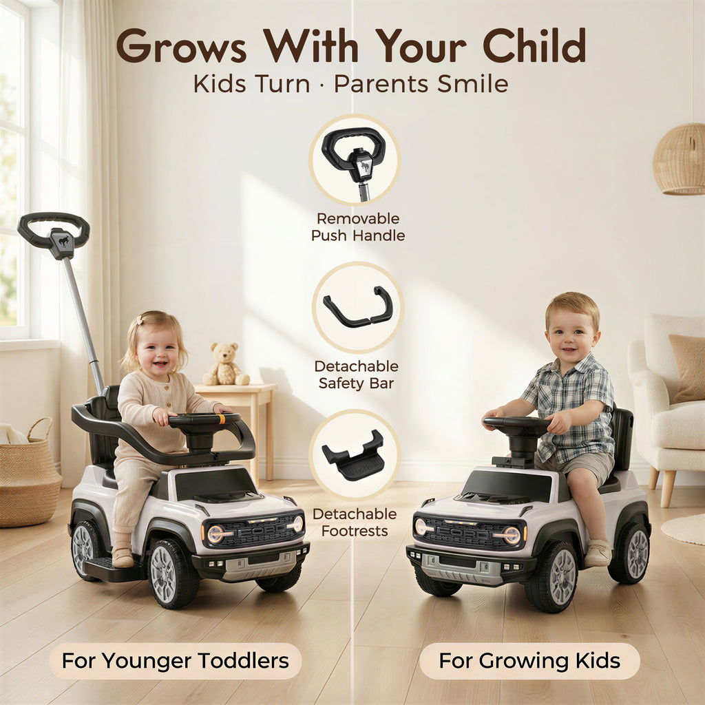 Ford Bronco 3 in 1 Push Car for Toddlers 1–3, Ride On Push Car with Parent Steering Handle, Steering Wheel, Removable Guardrail & Footrest, Music, Horn, Under Seat Storage, Silent Wheels, White