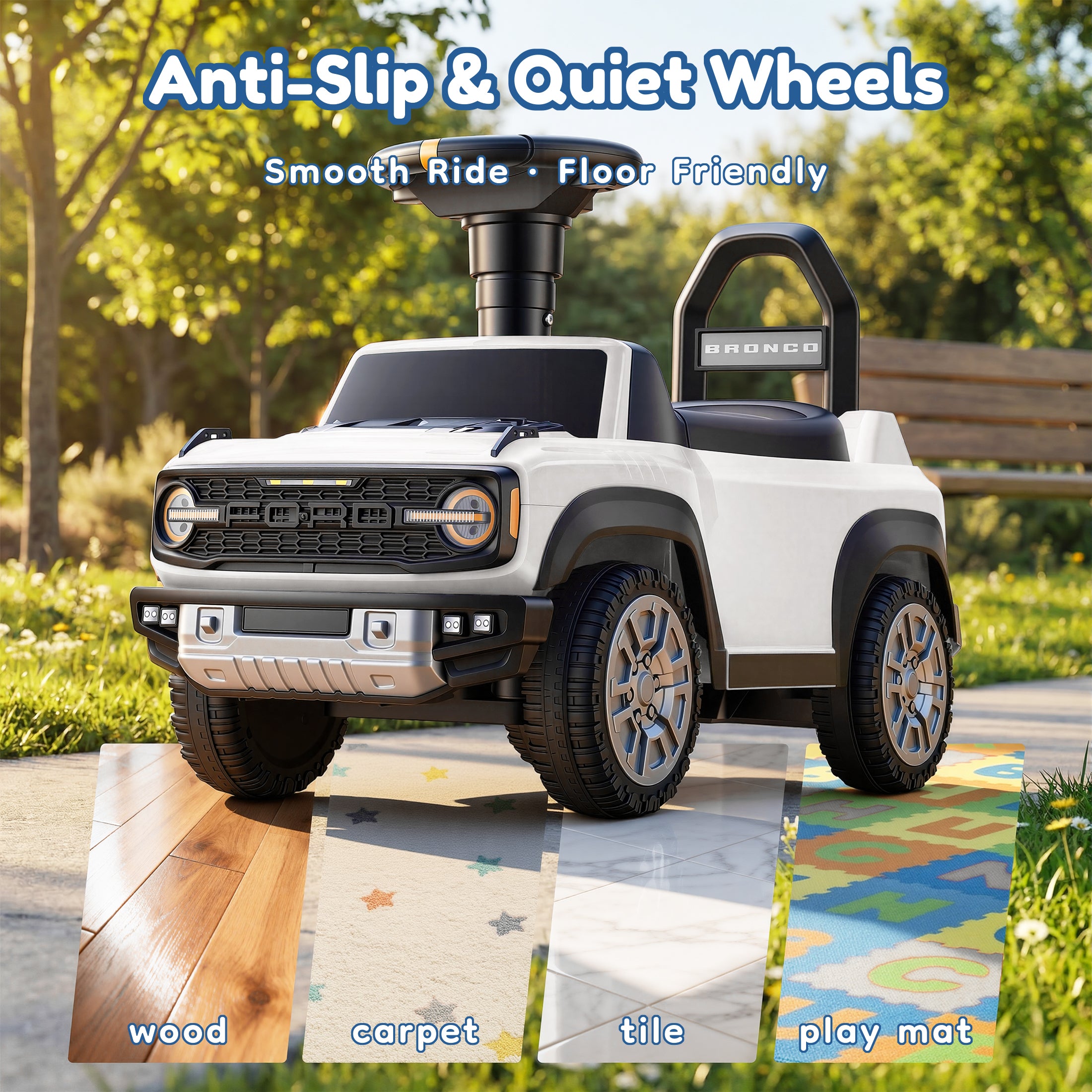 Ride On Car for Toddlers 1–3, Ford Bronco Ride On Toy with Steering Wheel, Music, Horn & Engine Sounds, Under Seat Storage, Silent Wheels, Easy Walker & Push Car for Boys & Girls, White