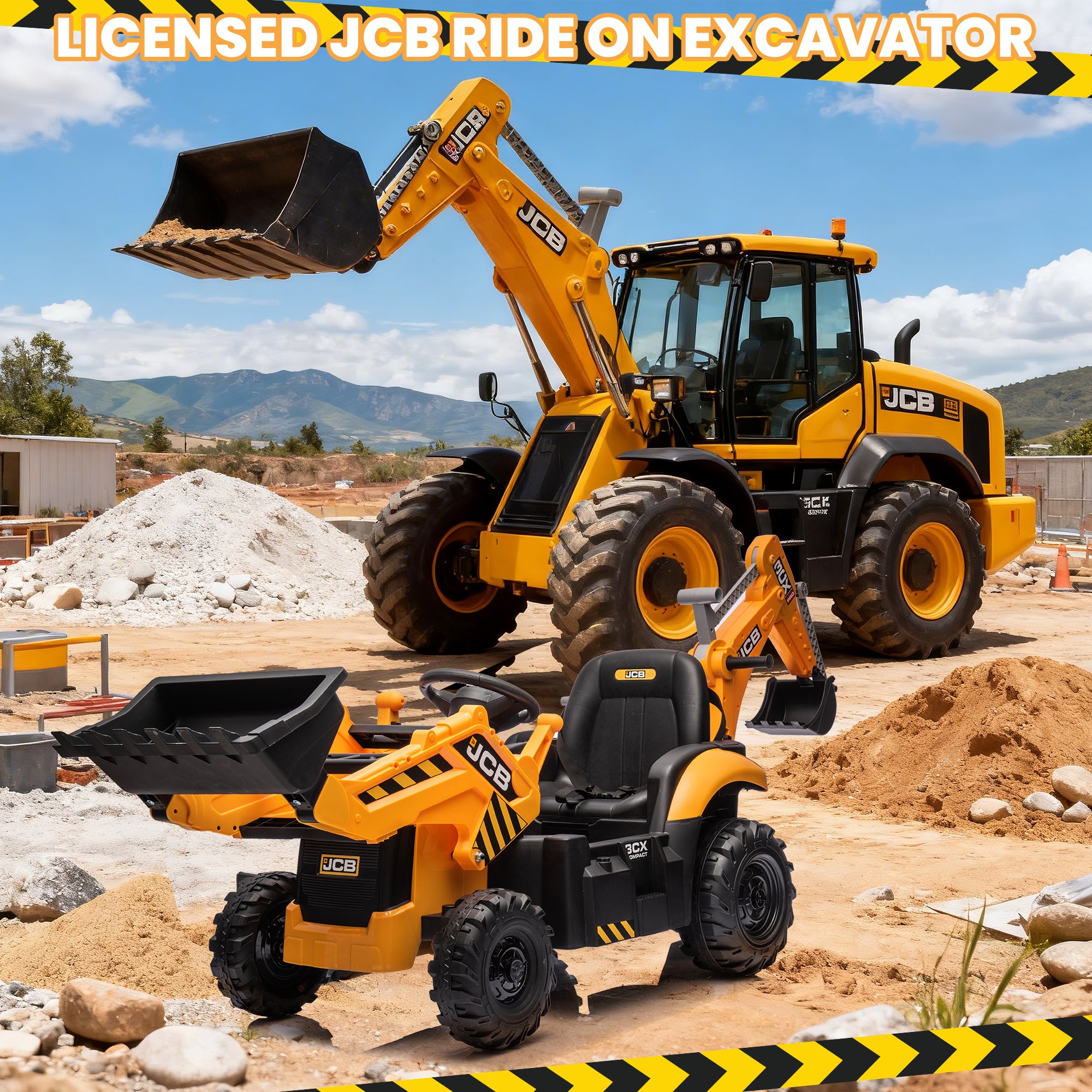 JCB 24V Ride On Excavator, 2 IN 1 Kids Electric Construction Ride on with Remote Control, Front Loader Bulldozer, Digger, Music, Ride on Toys for 3-6 Boys Girls, Yellow