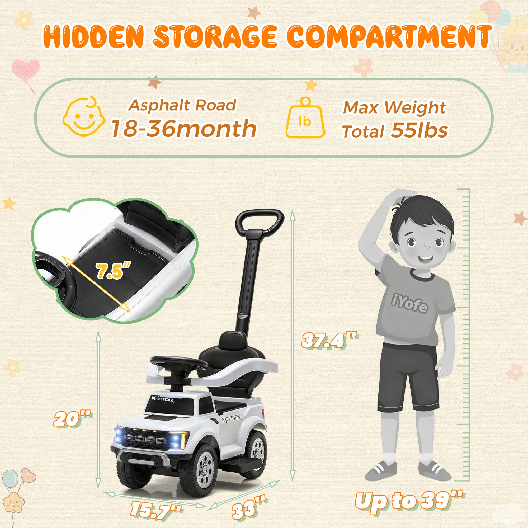 3 In 1 Push Car for Toddlers, Licensed Ford F-150 Ride On Push Car with Removable Parents Handle, Guardrails, Horn, LED Light, Kids Ride On Toy for Ages 18-36 Months, Black