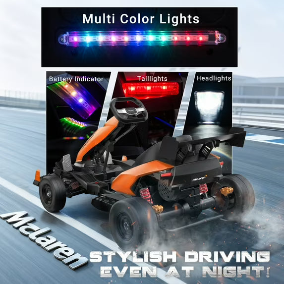 McLaren 48V Electric Go Kart for Adults & Teens, 750W Powered Motor Ride On Toy, LED Light, Hydraulic Disc Brake, 4 Wheel Spring Suspension, 3 Levels Adjustable Chassis, Foldable Design, Orange
