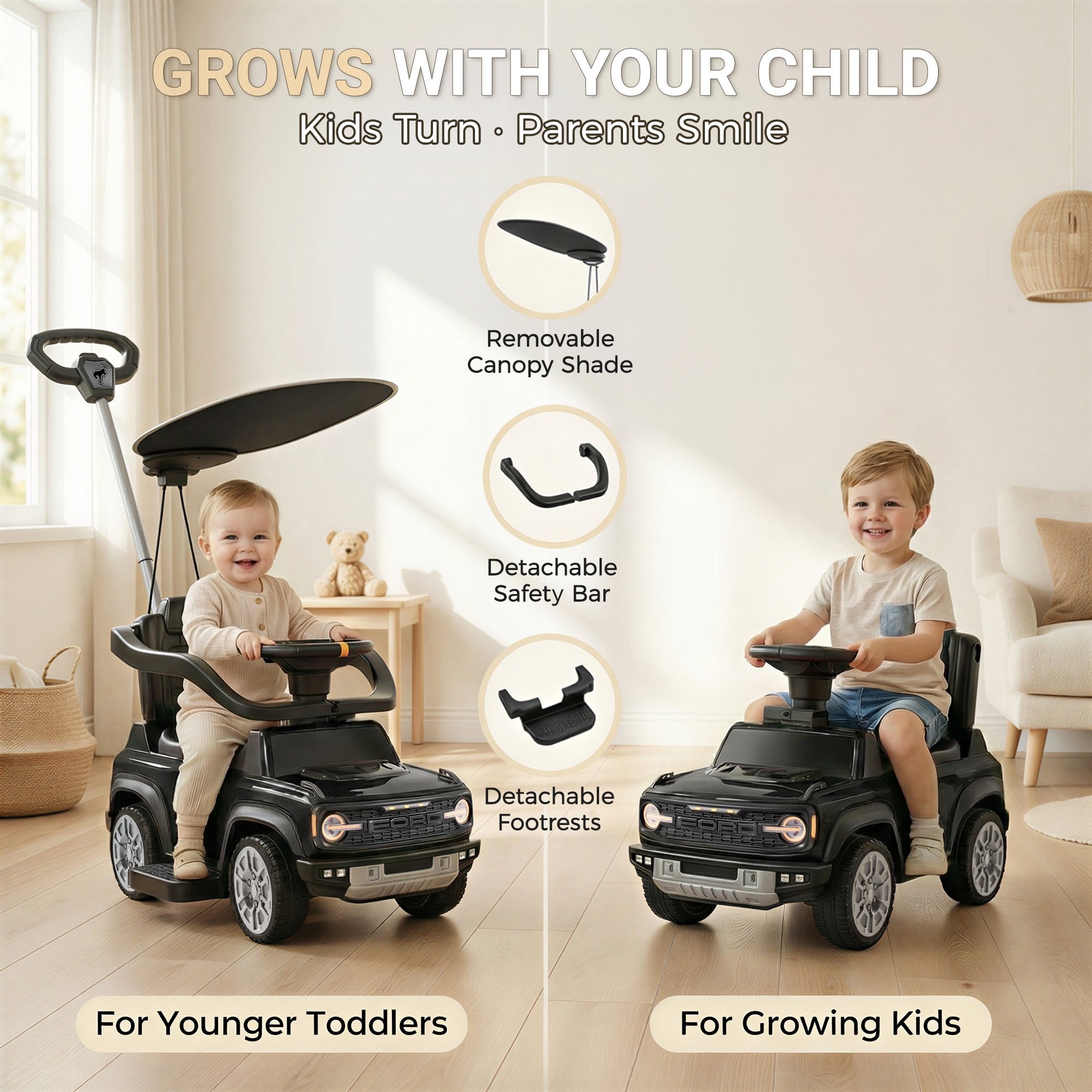 3 in 1 Push Car for Toddlers 1–3, Ford Bronco Ride On Car Toy with Adjustable Parent Steering Handle, Removable Guardrail & Footrest, Canopy, Music, Horn, LED, Under Seat Storage, Silent Wheels
