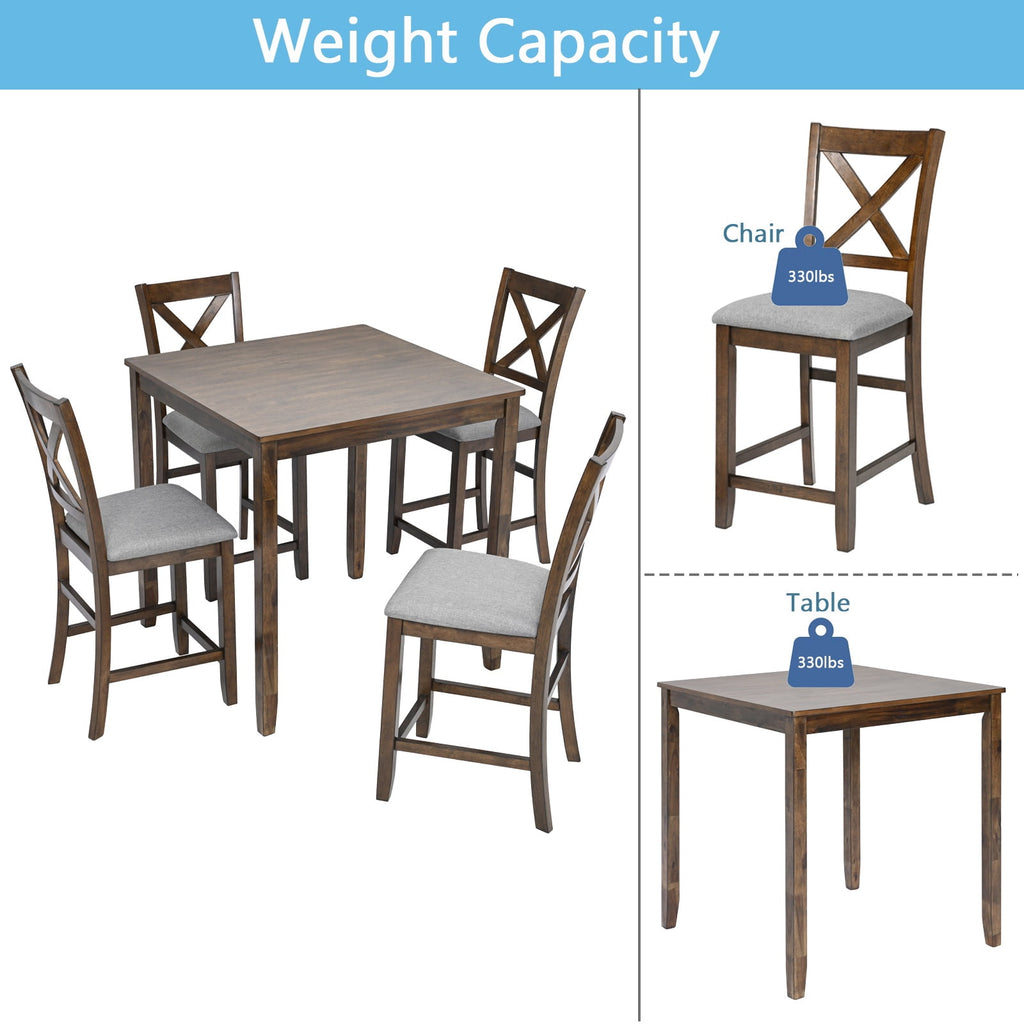 UHOMEPRO Dining Table Set for 4, Modern Counter Height Kitchen Table with 4 Upholstered Chairs, 5 Piece Solid Wood Dining Room Set, Farmhouse Kitchen Dining Table set of 4 for Home, Walnut Style A