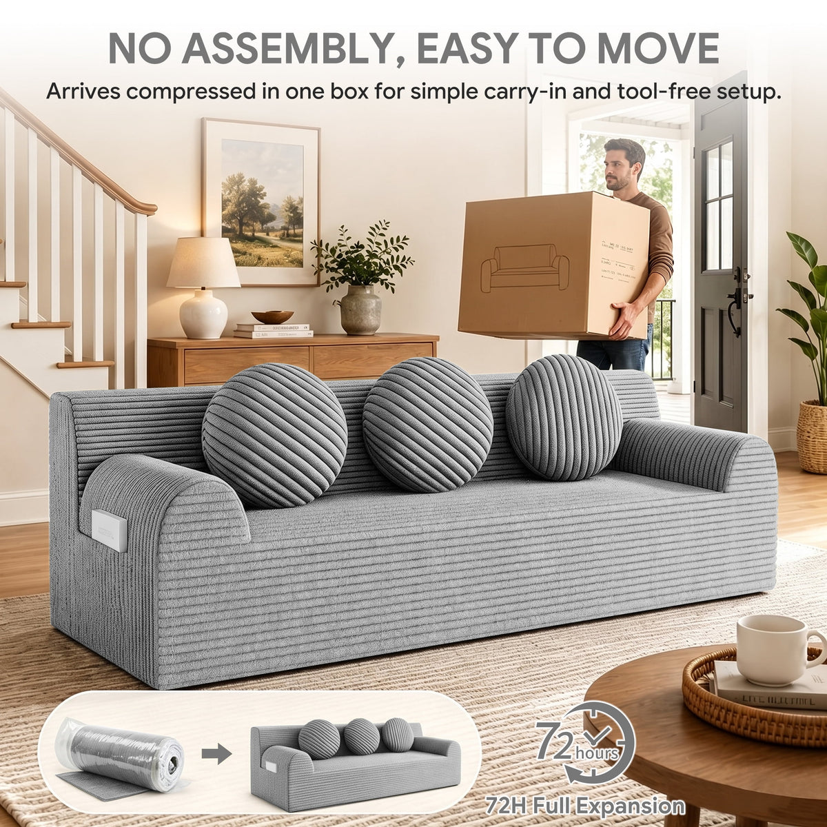 UHOMEPRO 71" Small Cloud Couch, 3 Seater Sofa with High Density Foam, No Assembly Low Profile Floor Couch for Bedroom, Apartment, 1200lbs, Deep Gray