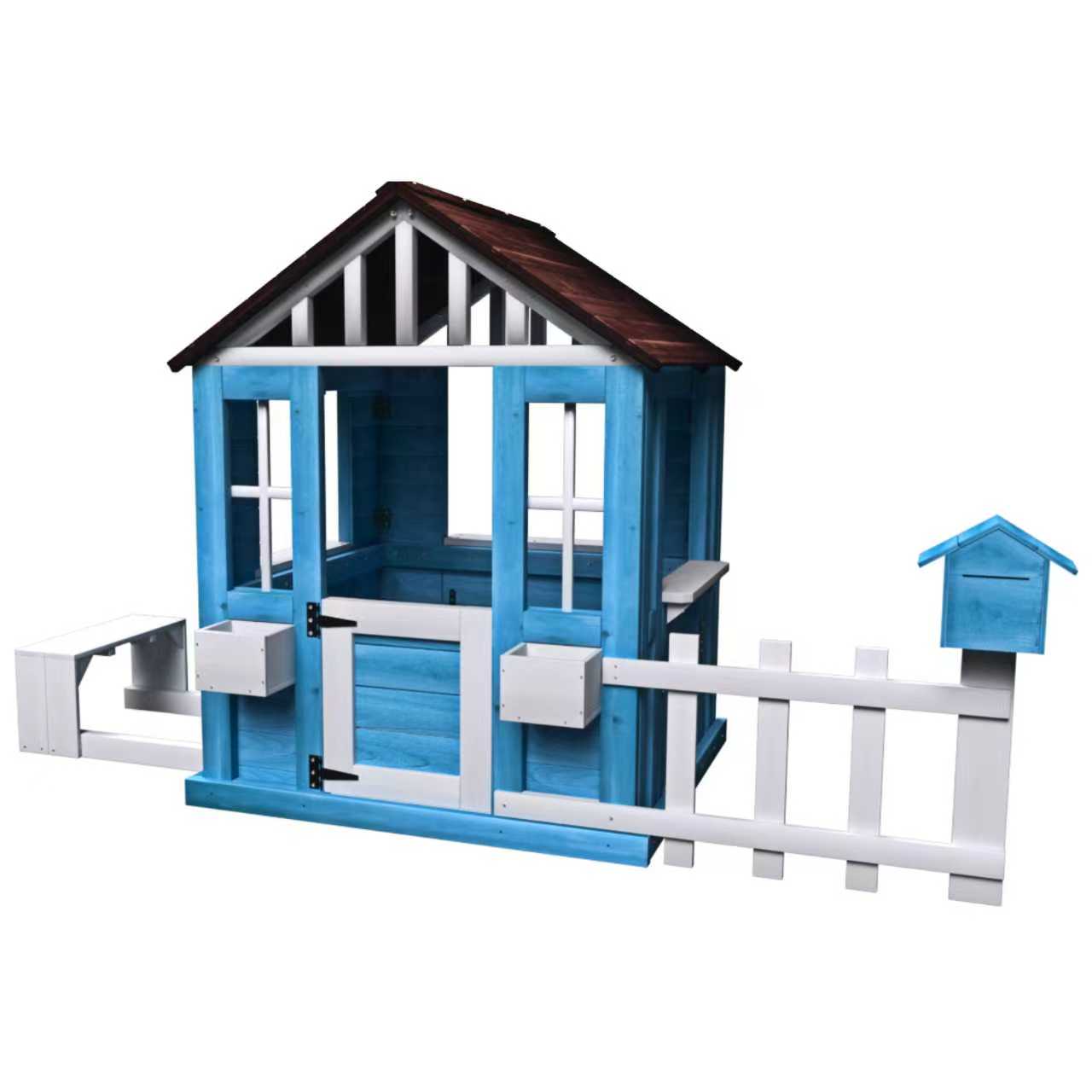 COCLUB Outdoor Playhouse for Kids Ages 3-8, Wooden Play House with Picnic Bench, Mailbox, Fence, Flowerpot Holders, Cottage Playhouse for Backyard, Garden, Patio, Gift for Boys, Girls