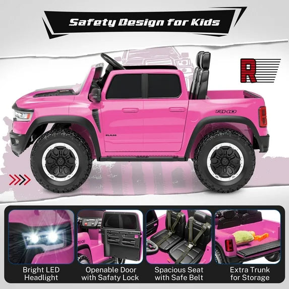 RAM 24V Ride on Cars for Tow Kids, RAM 1500 RHO 2 Seat Battery Powered Ride on Toys with Remote Control, 4 Wheels Suspension Trunk, LED Light, MP3 Player, Electric Car for Kids Boy Girl Gift, Red