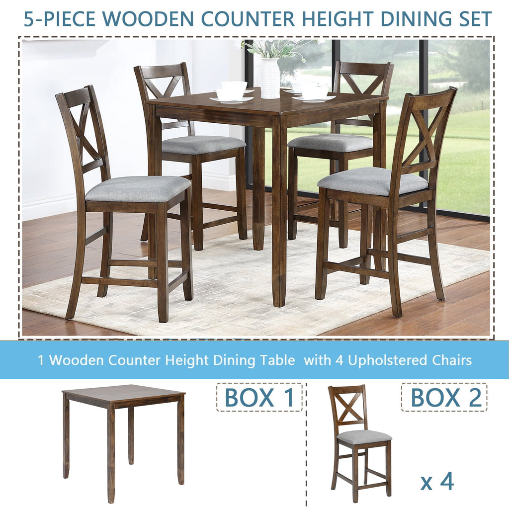 UHOMEPRO Dining Table Set for 4, Modern Counter Height Kitchen Table with 4 Upholstered Chairs, 5 Piece Solid Wood Dining Room Set, Farmhouse Kitchen Dining Table set of 4 for Home, Walnut Style A
