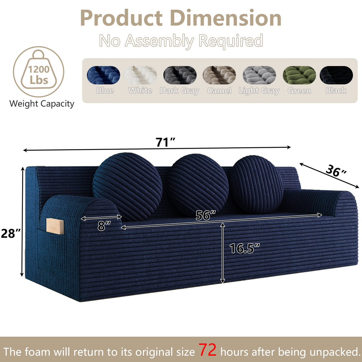 UHOMEPRO 71" Small Cloud Couch, 3 Seater Sofa with High Density Foam, No Assembly Low Profile Floor Couch for Bedroom, Apartment, 1200lbs, Deep Gray