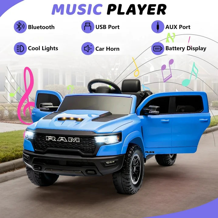RAM 1500 Ride on Truck Cars, 12V Powered Ride on Toys with Remote Control, 4 Wheel Suspension Electric Cars for 3-5 Yrs Boy Girl W/Key Switch, Safety Belt, Music, Bluetooth, LED Lights, Blue