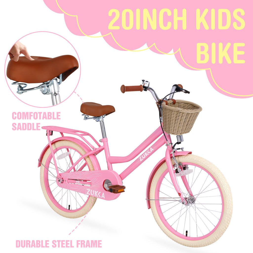Girls Bike with Basket for Kids 7-10, 20" Kids' Bicycles Leather Saddle & Safety Bell, Pink
