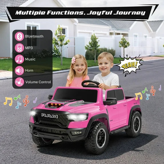 RAM 24V Ride on Cars for Tow Kids, RAM 1500 RHO 2 Seat Battery Powered Ride on Toys with Remote Control, 4 Wheels Suspension Trunk, LED Light, MP3 Player, Electric Car for Kids Boy Girl Gift, Red