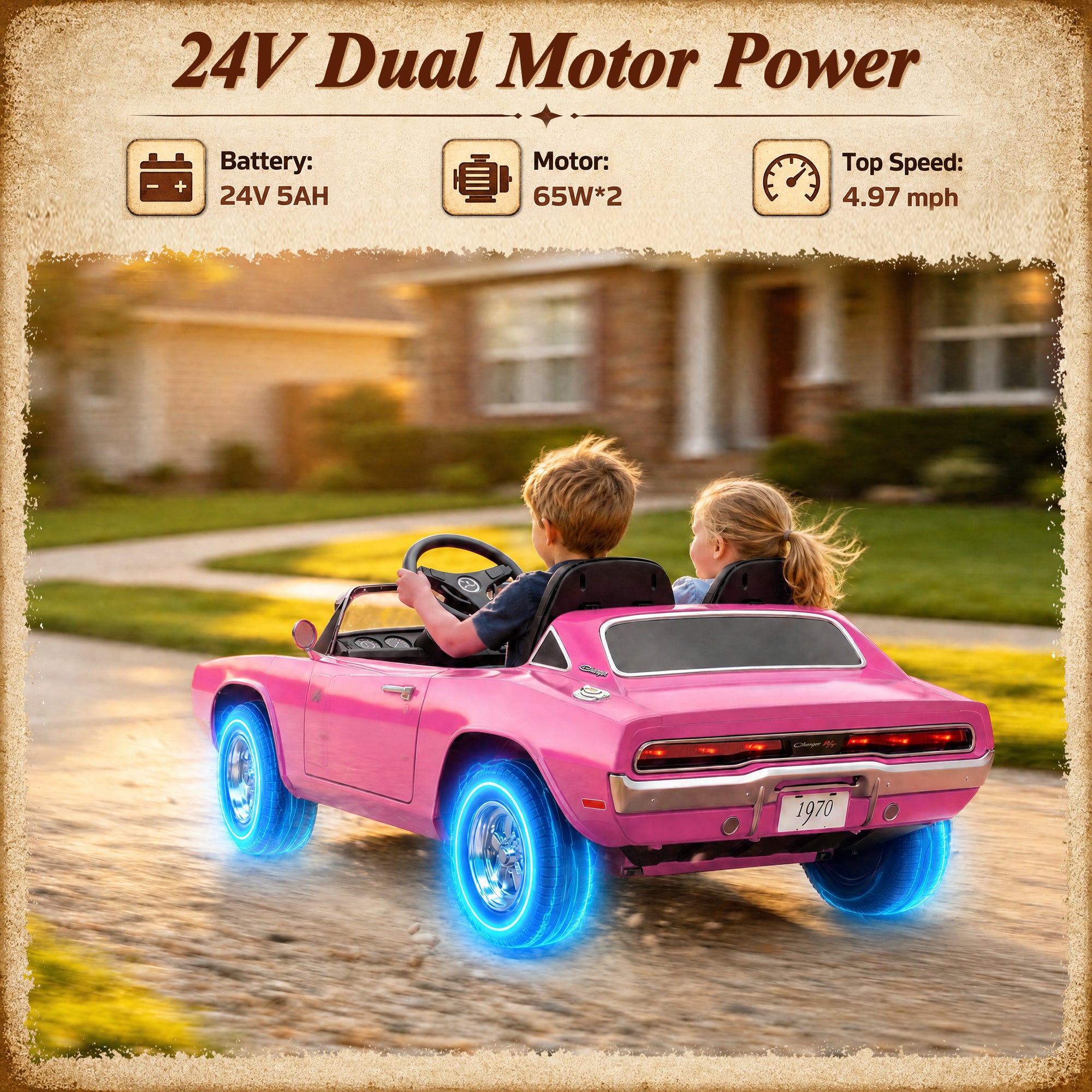 24V Ride On Car for Kids, Licensed Dodge 1970 Charger R/T Electric Car w/Parent Remote Control, Engine Spray, LED Lights, Bluetooth, MP3, 4-Wheel Spring Suspension, Ride On Toys for Ages 3+