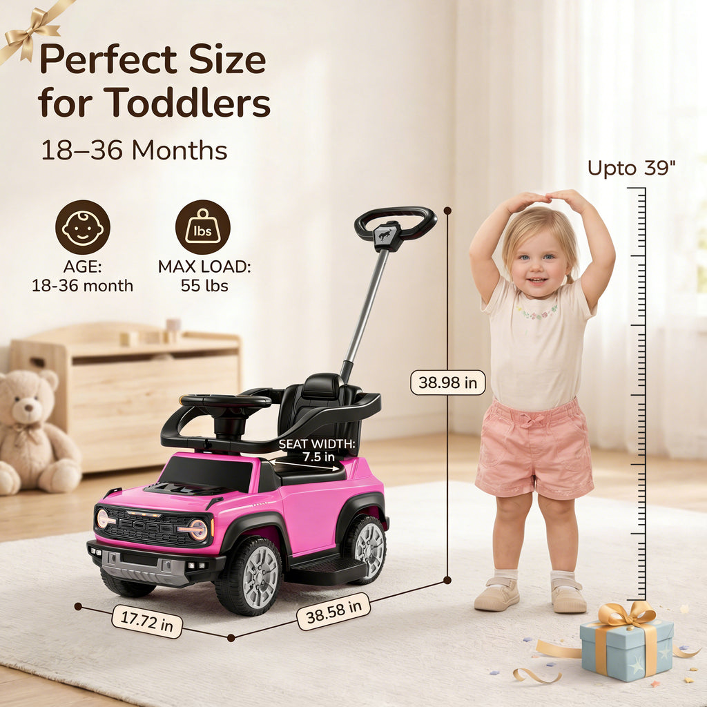 Ford Bronco 3 in 1 Push Car for Toddlers 1–3, Ride On Push Car with Parent Steering Handle, Steering Wheel, Removable Guardrail & Footrest, Music, Horn, Under Seat Storage, Silent Wheels, Pink
