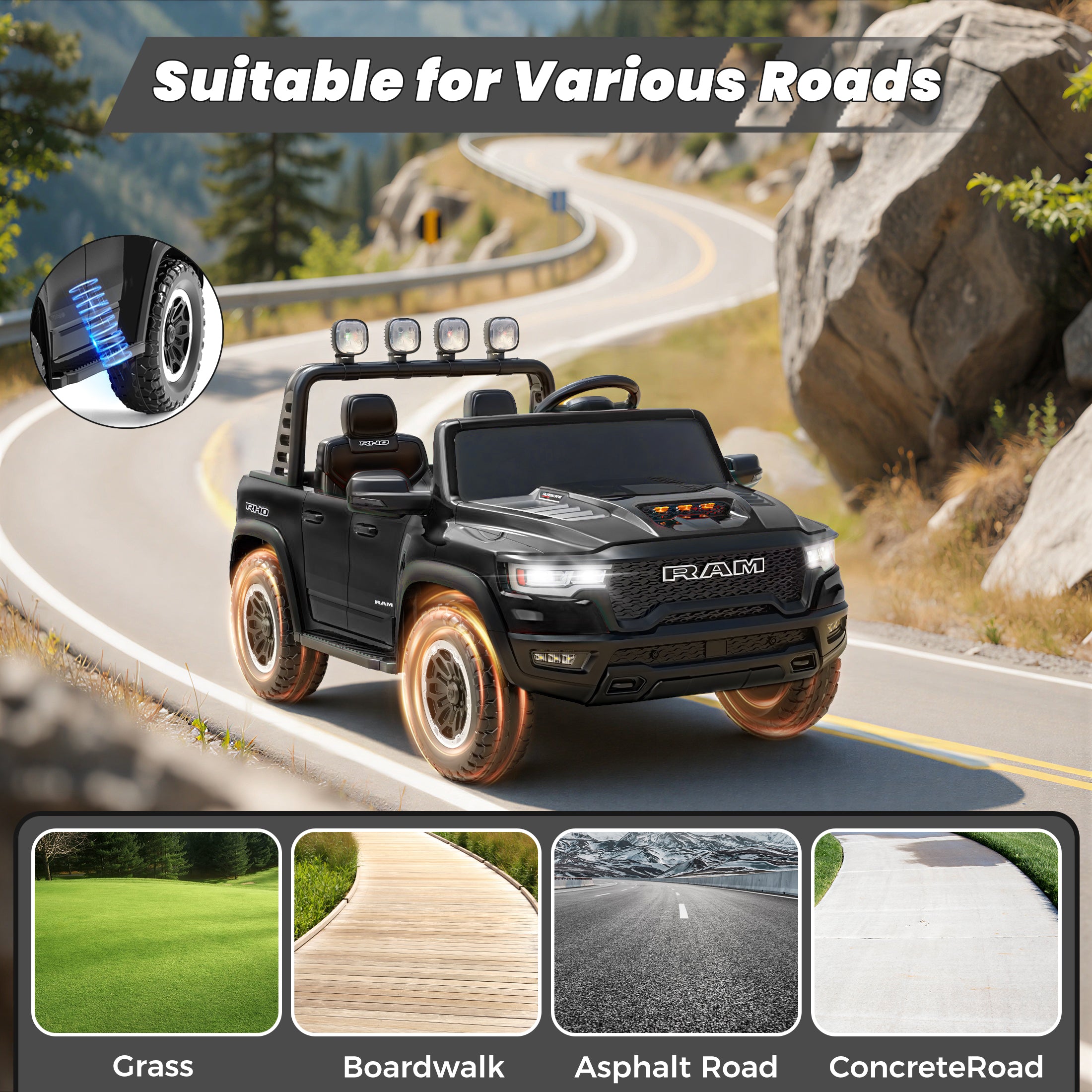 24V 2 Seats Ride On Car for Kids, Licensed RAM RHO 1500 Powered Electric Car with 4 Wheels Spring Suspesion, Ride On Toy for 3-8 Year Boys & Girls with Remote Control, Horm, Siren, LED Lights