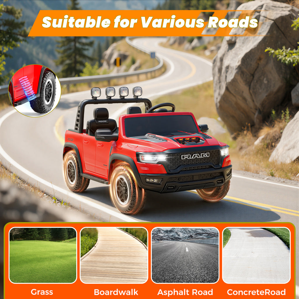 24V 2 Seats Ride On Car for Kids, Licensed RAM RHO 1500 Powered Electric Car with 4 Wheels Spring Suspesion, Ride On Toy for 3-8 Year Boys & Girls with Remote Control, Horm, Siren, LED Lights
