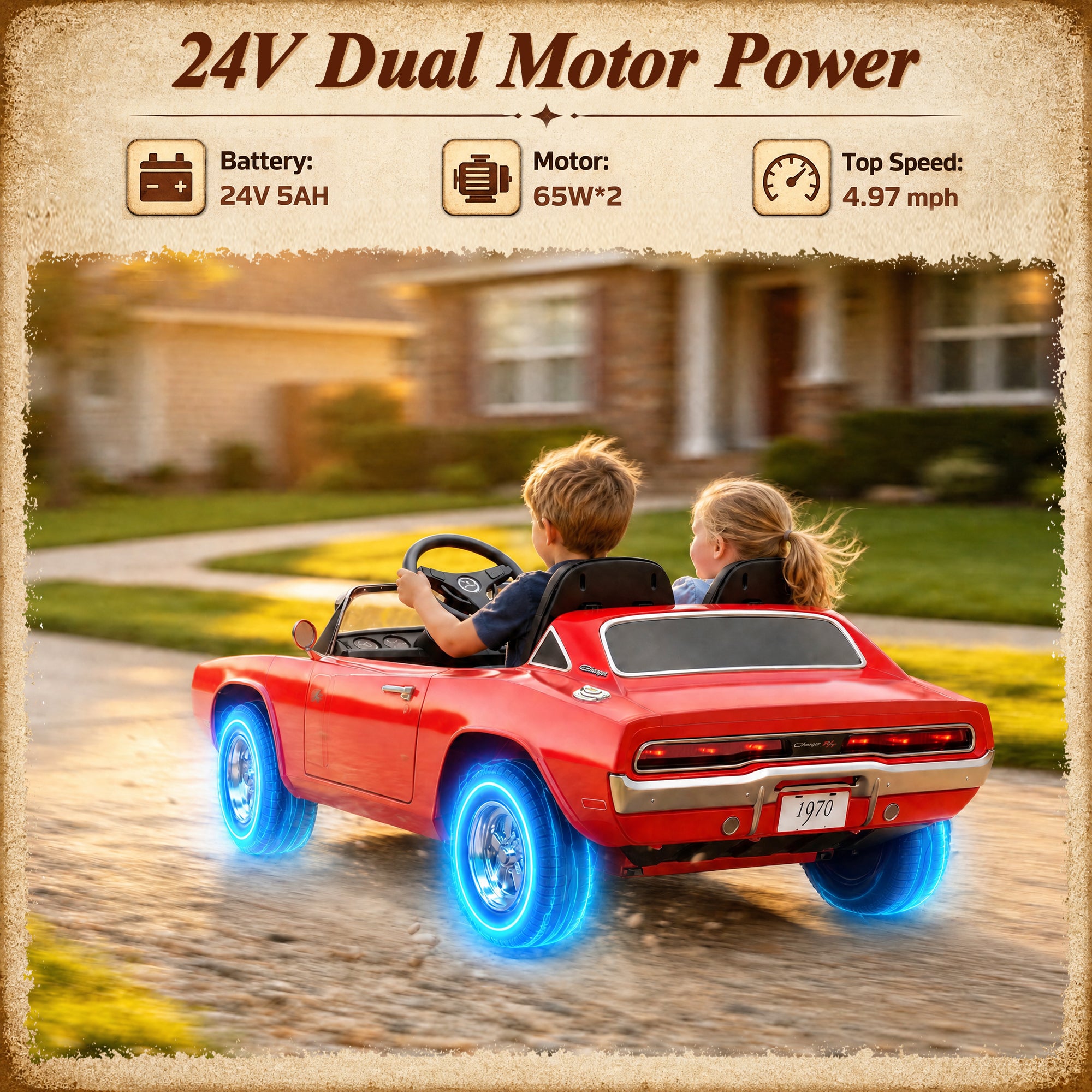 24V Ride On Car for Kids, Licensed Dodge 1970 Charger R/T Electric Car w/Parent Remote Control, Engine Spray, LED Lights, Bluetooth, MP3, 4-Wheel Spring Suspension, Ride On Toys for Ages 3+