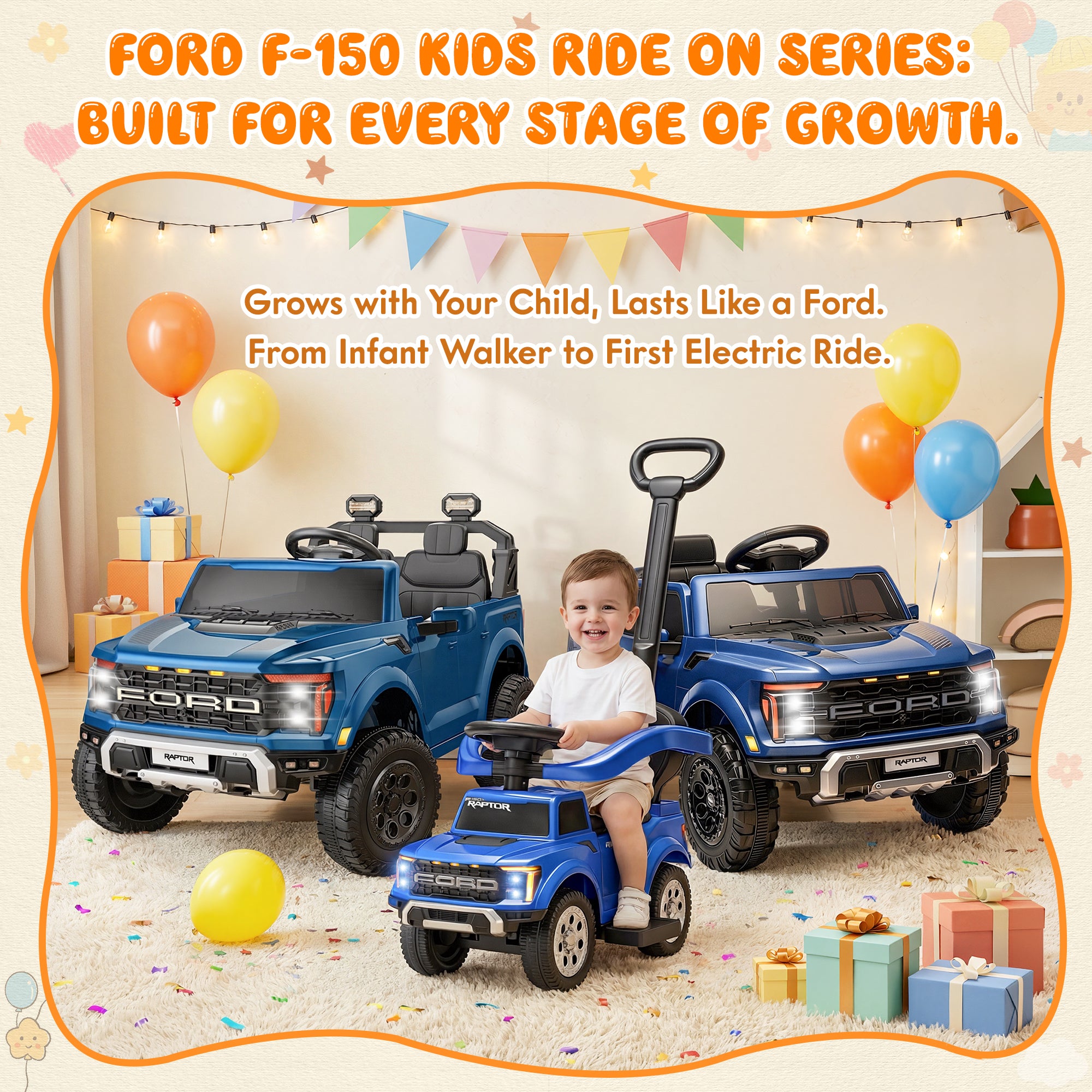 3 In 1 Push Car for Toddlers, Licensed Ford F-150 Ride On Push Car with Removable Parents Handle, Guardrails, Horn, LED Light, Kids Ride On Toy for Ages 18-36 Months, Black
