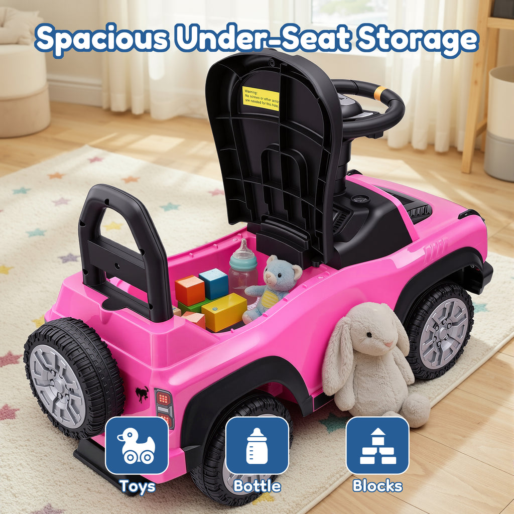 Ride On Car for Toddlers 1–3, Ford Bronco Ride On Toy with Steering Wheel, Music, Horn & Engine Sounds, Under Seat Storage, Silent Wheels, Easy Walker & Push Car for Boys & Girls, Pink