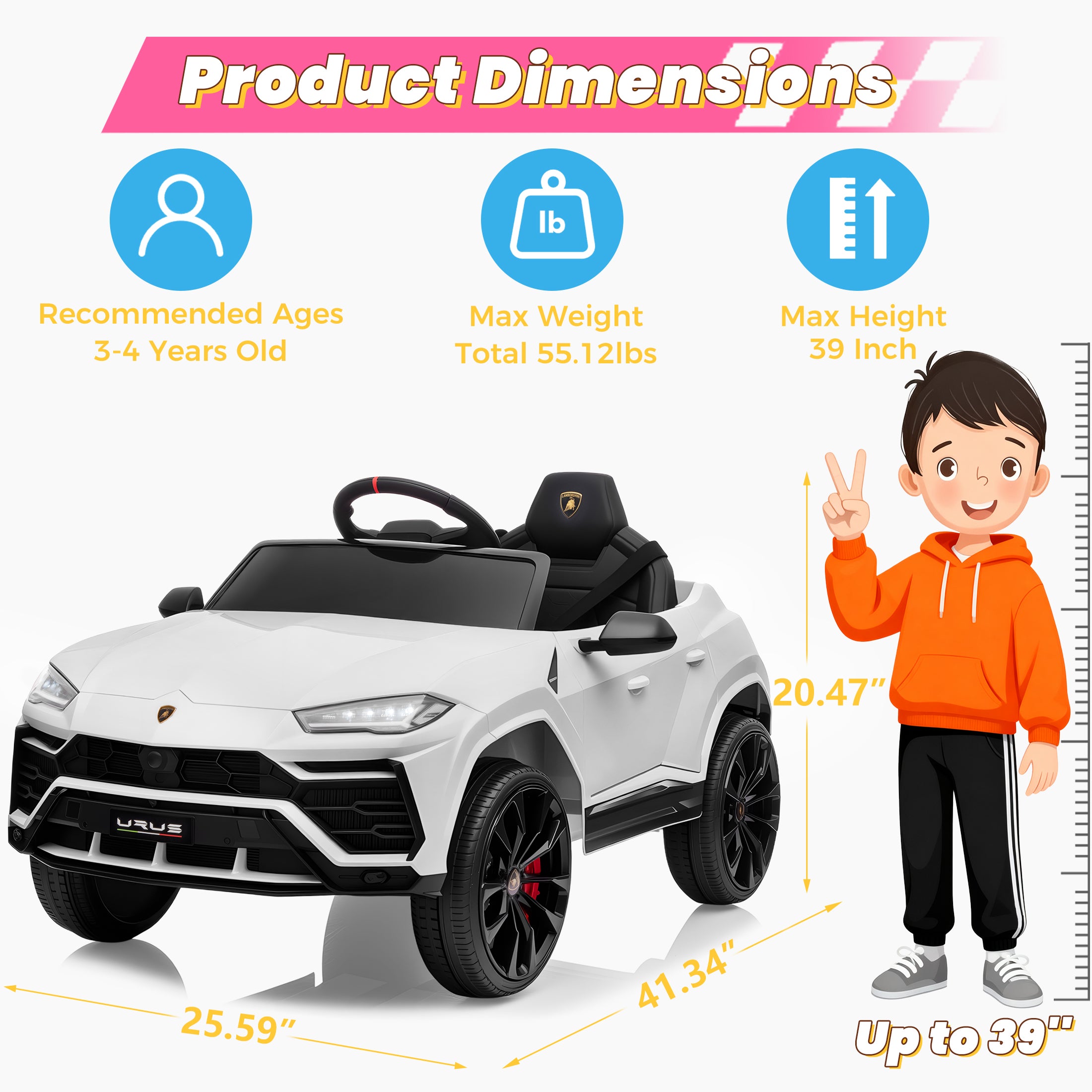 Lamborghini 12V Kids Ride On Car with Remote Control, Battery Powered Electric Car with 4 Wheels, USB, Ride On Toys for 3+ Years Olds Girls Boys, Pink