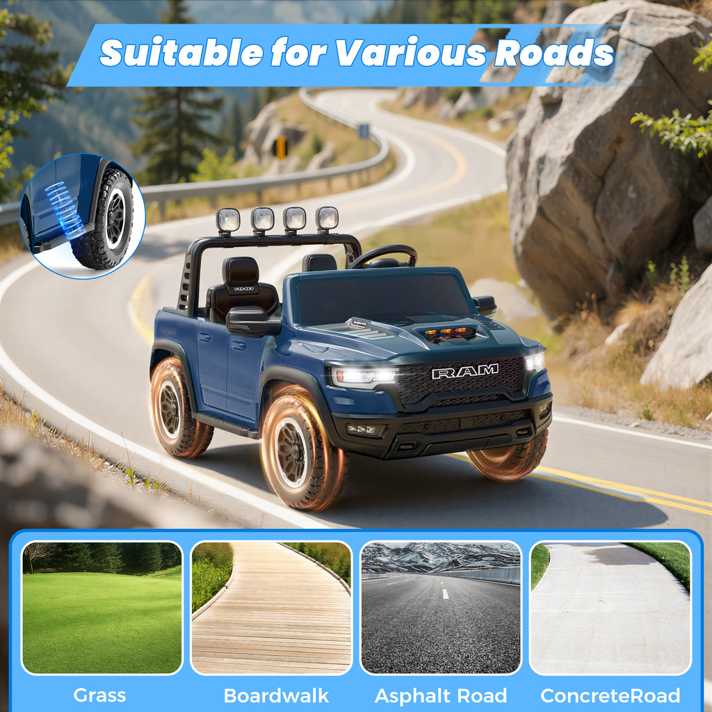 24V 2 Seats Ride On Car for Kids, Licensed RAM RHO 1500 Powered Electric Car with 4 Wheels Spring Suspesion, Ride On Toy for 3-8 Year Boys & Girls with Remote Control, Horm, Siren, LED Lights